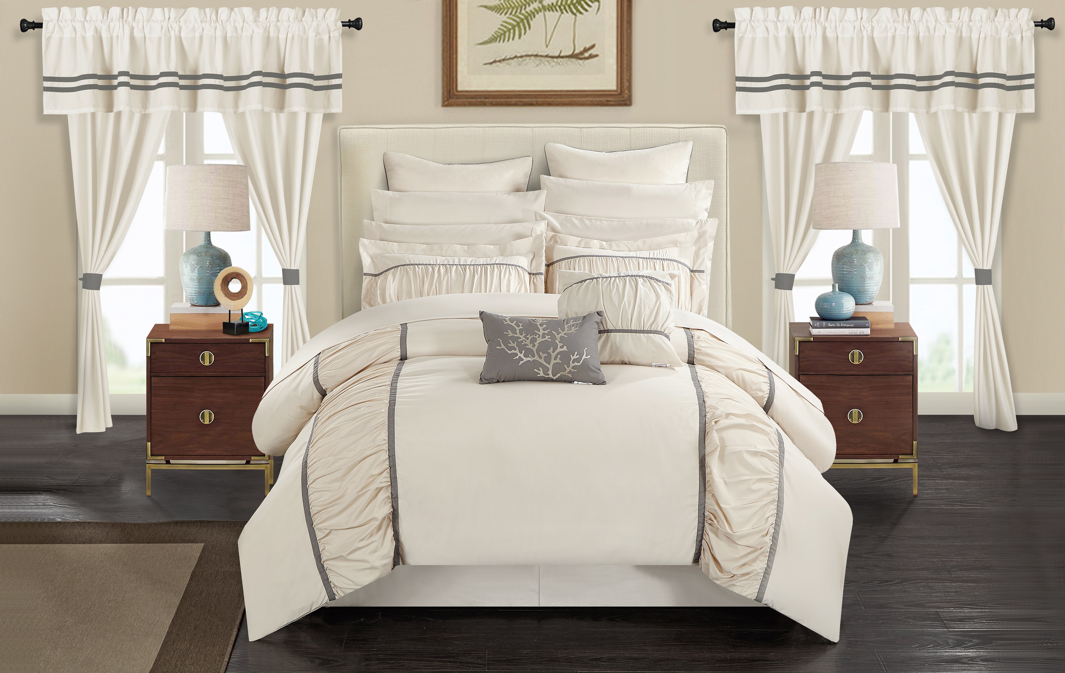 LUX-BED Mayan 24 Piece Complete bedroom in a bag Pinch Pleat Ruffled Designer Embellished Queen Comforter Set Beige