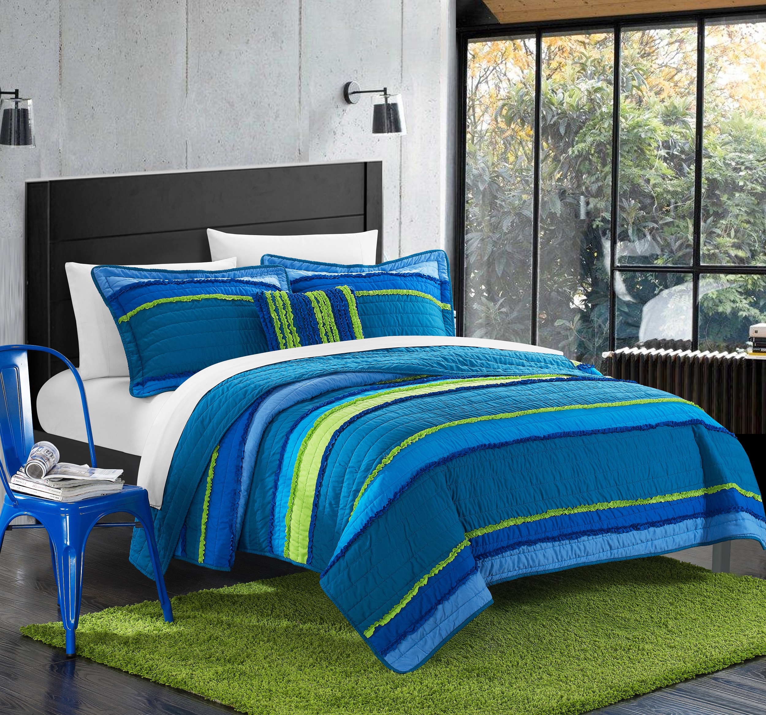 Chic Home Italica 3 Piece Ruffled and Rouched Details Pieced multi colored global design Twin Non Kit Quilt Blue