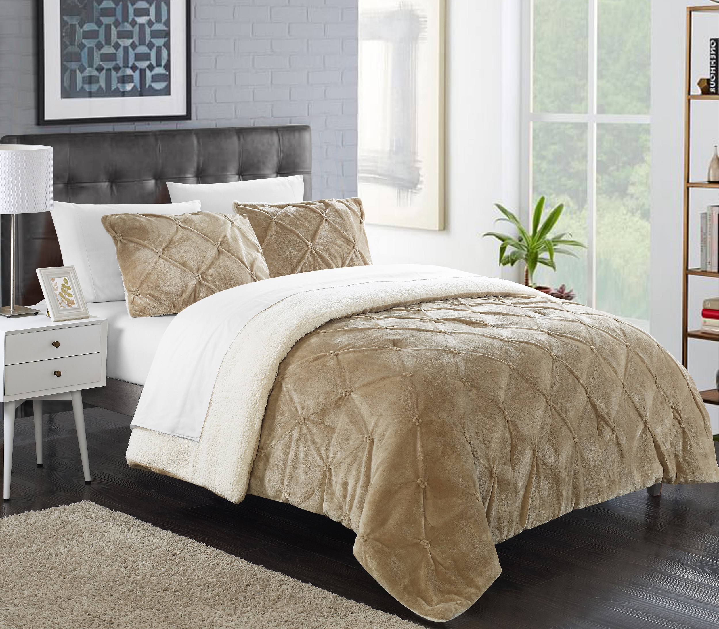 Chic Home Josepha 3 Piece Pinch Pleated Ruffled and Pintuck Sherpa Lined King Non Kit Comforter Beige