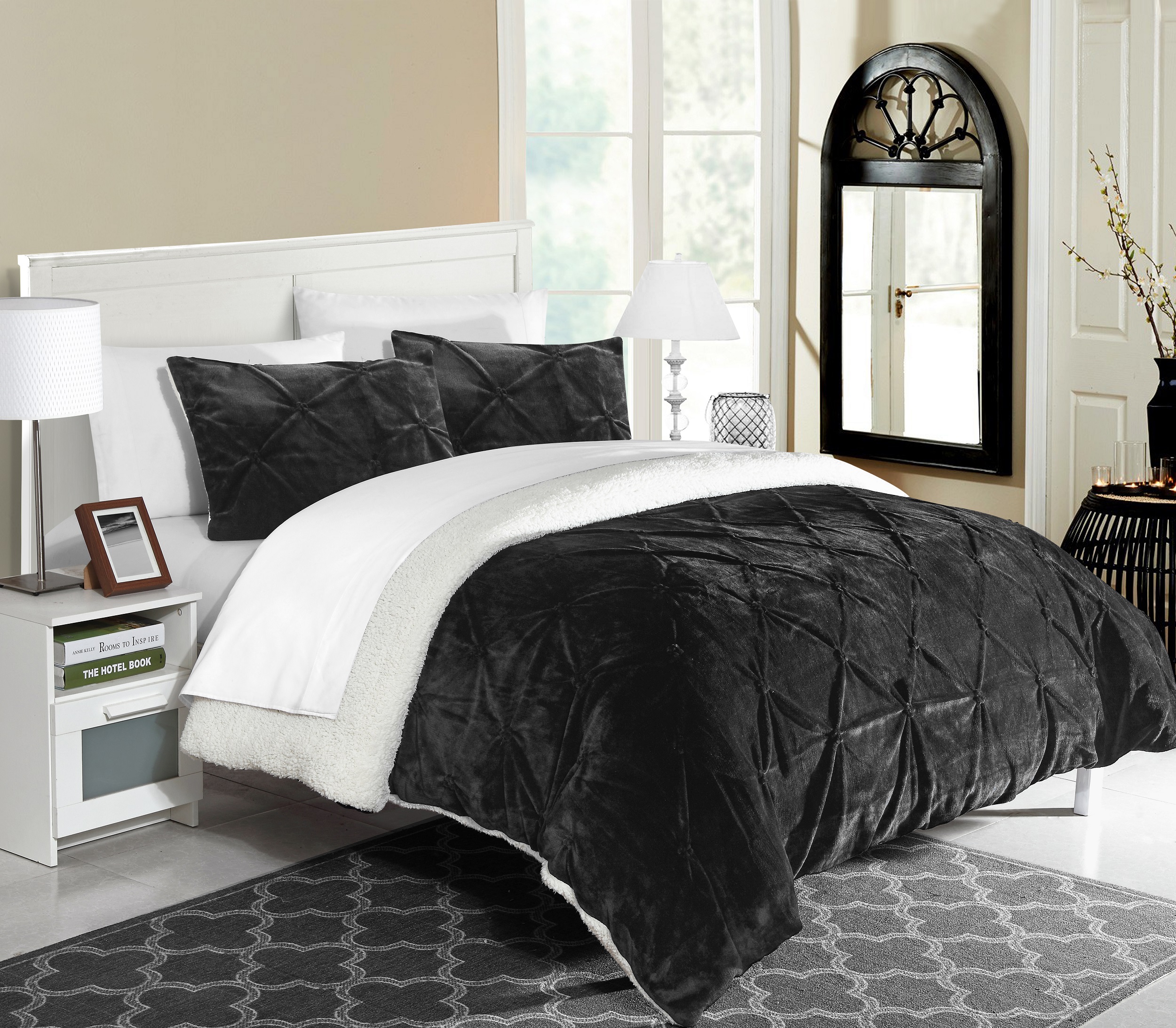 Chic Home Josepha 3 Piece Pinch Pleated Ruffled and Pintuck Sherpa Lined Queen Non Kit Comforter Black
