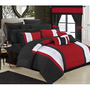 Chic Home Danielle 24 Piece Complete Pintuck Embroidery Color Block Bedding Sheets Window Panel Collection King Non Kit Comforter Red Chic Home Danielle 24 Piece Complete, 24 Piece Bed In A Bag King