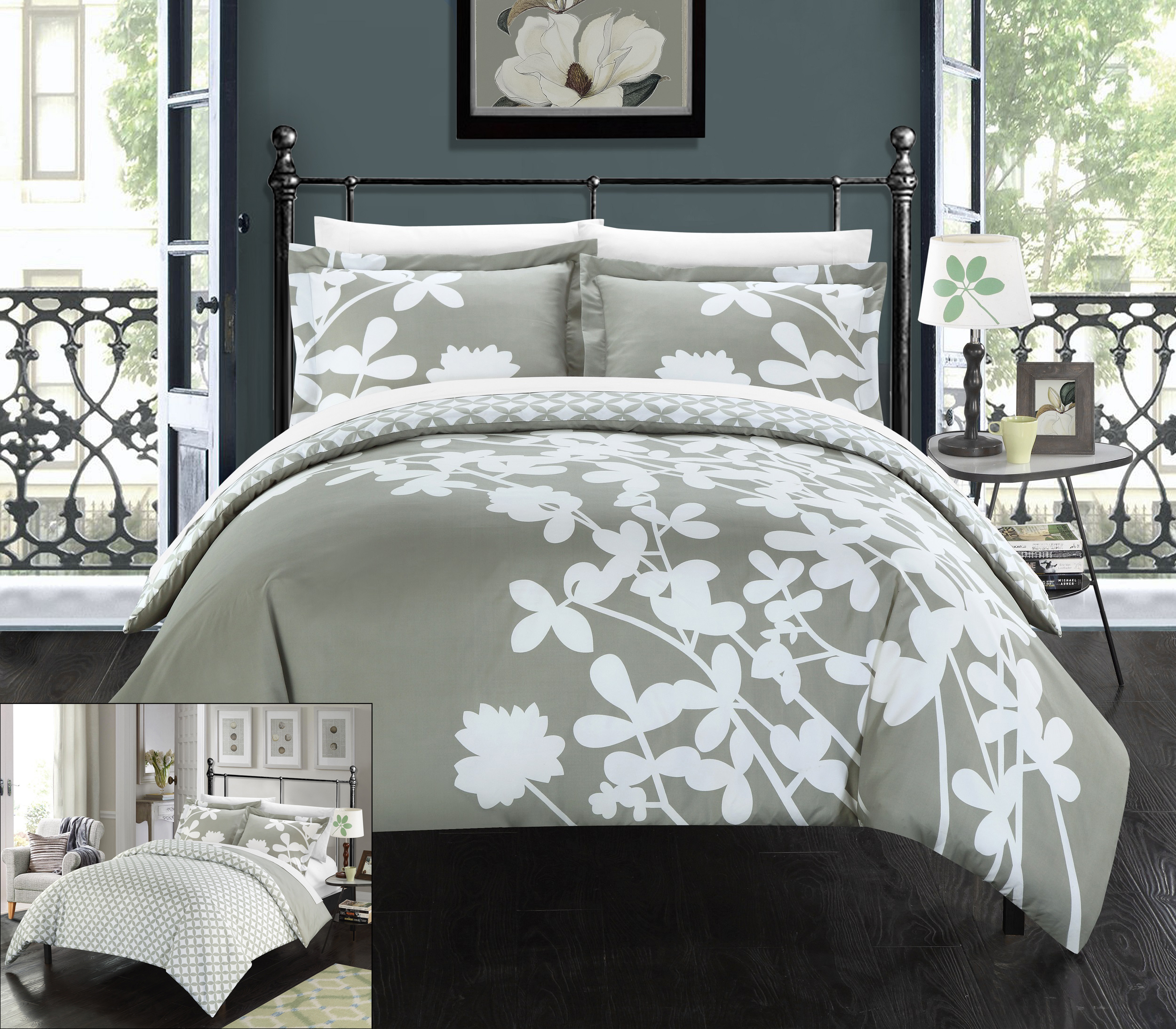 Chic Home Calla Lily 7 Piece Reversible large scale floral design printed with diamond pattern reverse King Duvet Grey