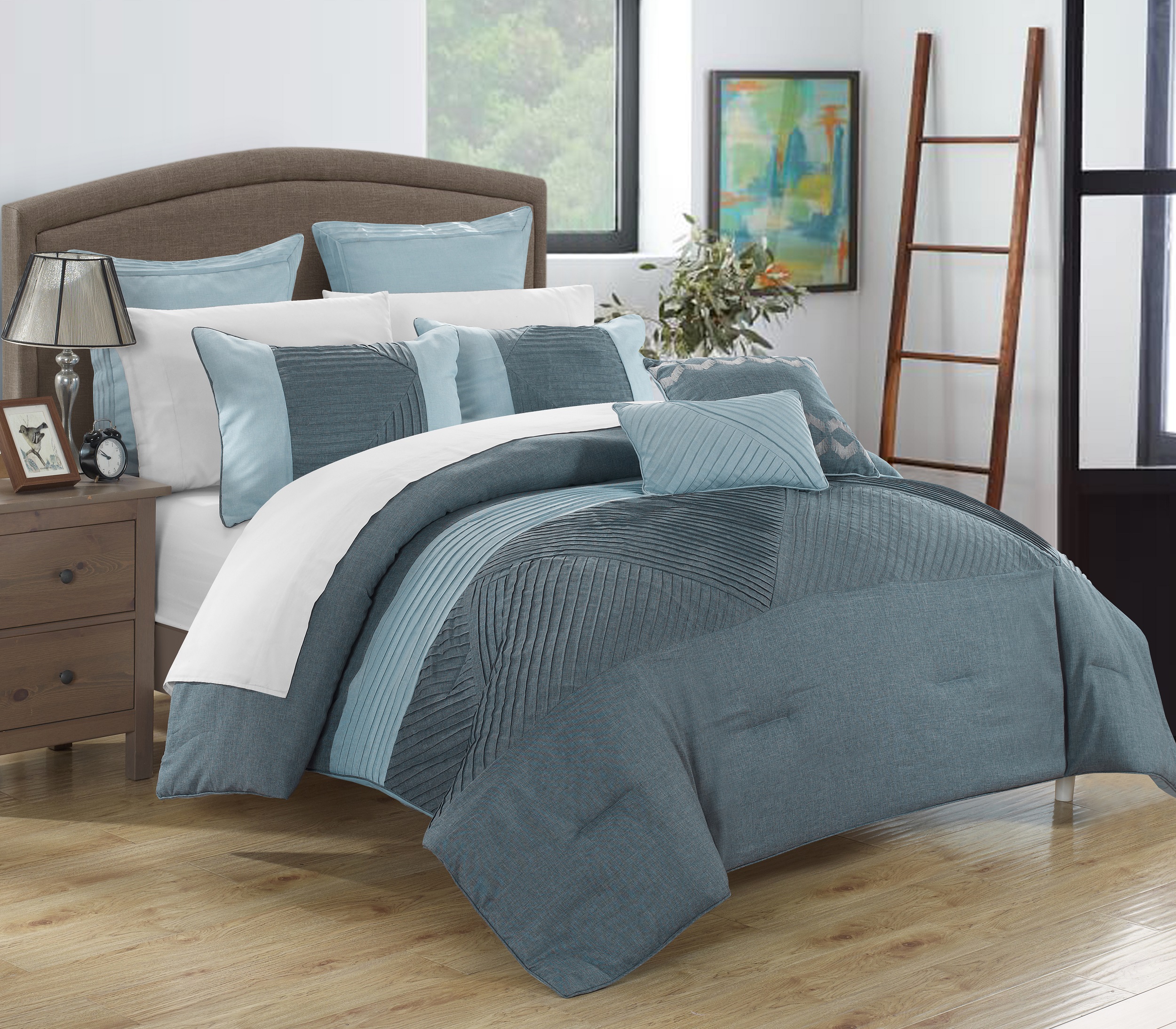 Chic Home Marbella 11 Piece FABRIC OVERSIZED AND OVERFILLED embroidered pleated ruffled color block King Comforter Blue