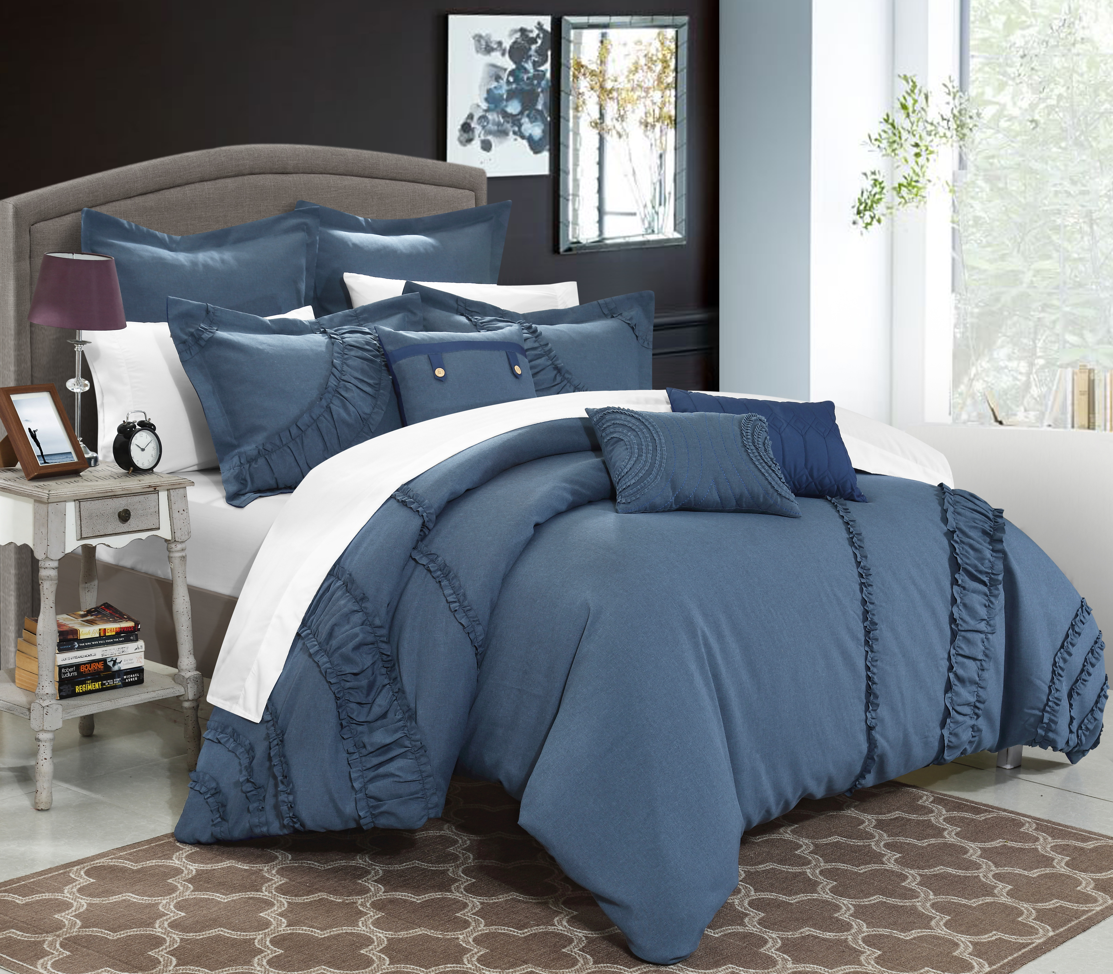 Chic Home Lunar 12 Piece FABRIC OVERSIZED AND OVERFILLED embroidered GEOMETRIC pleated ruffled color block Queen Comforter Blue