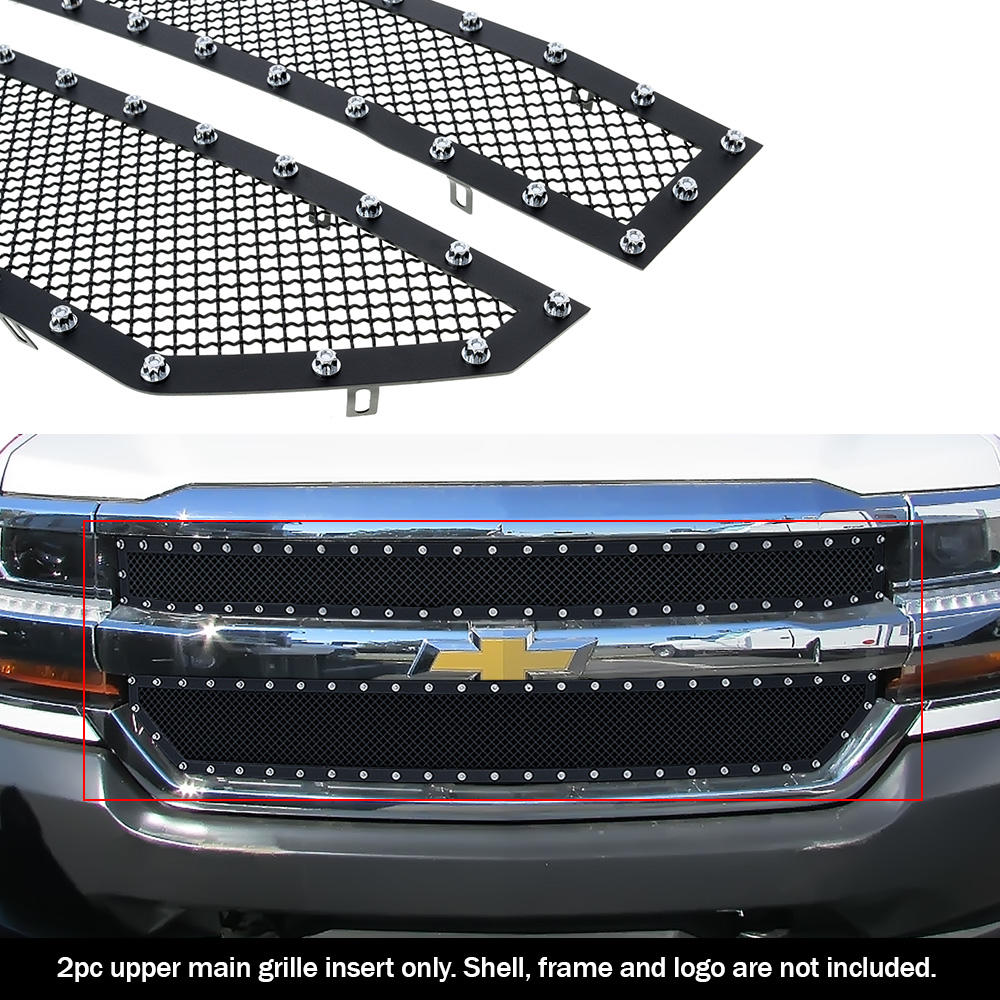 APS Fits 2016-2018 Chevy Silverado 1500 Main Upper Black Stainless Mesh Rivet Grille
