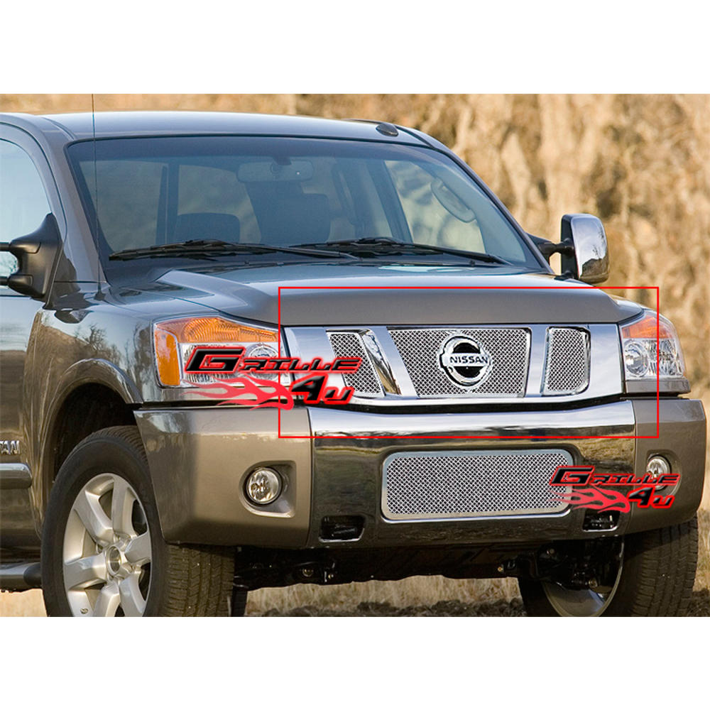 APS For 2008-2015 Nissan Titan Logo Show Upper Stainless Chrome Mesh Grille Insert