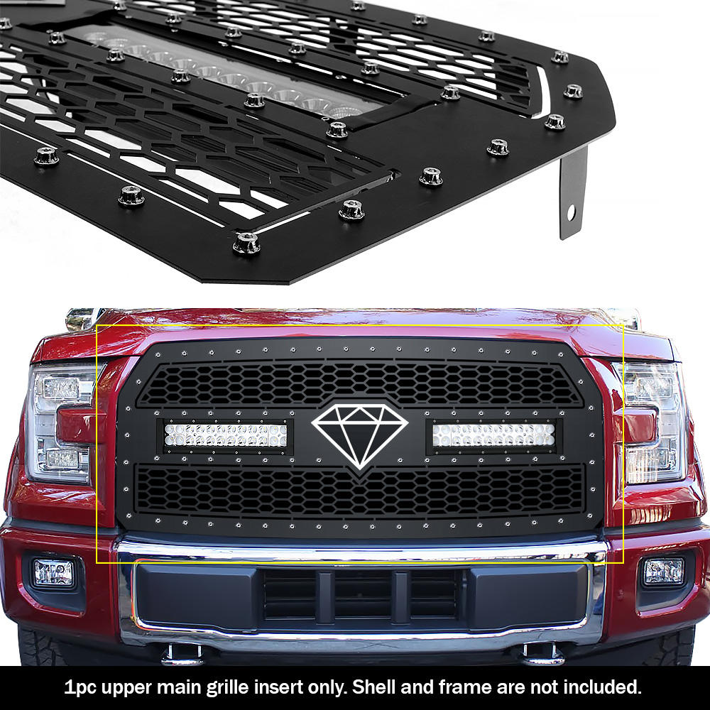 APS For 2015-2017 Ford F-150 Main Stainless Black Laser Cut Mesh Rivets LED Grille