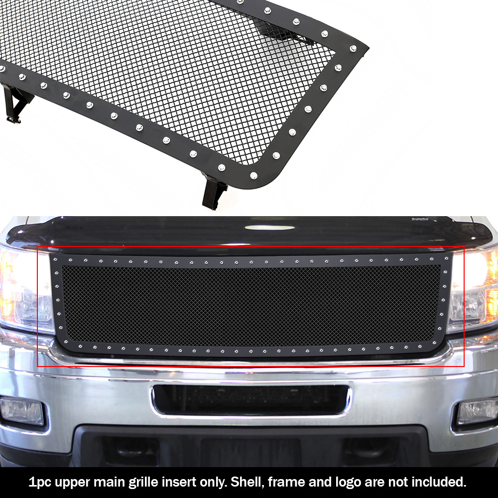 APS For 2011-2014 Chevy Silverado 2500/3500 HD Stainless Black Mesh Rivet Grille #N19-H3596LC