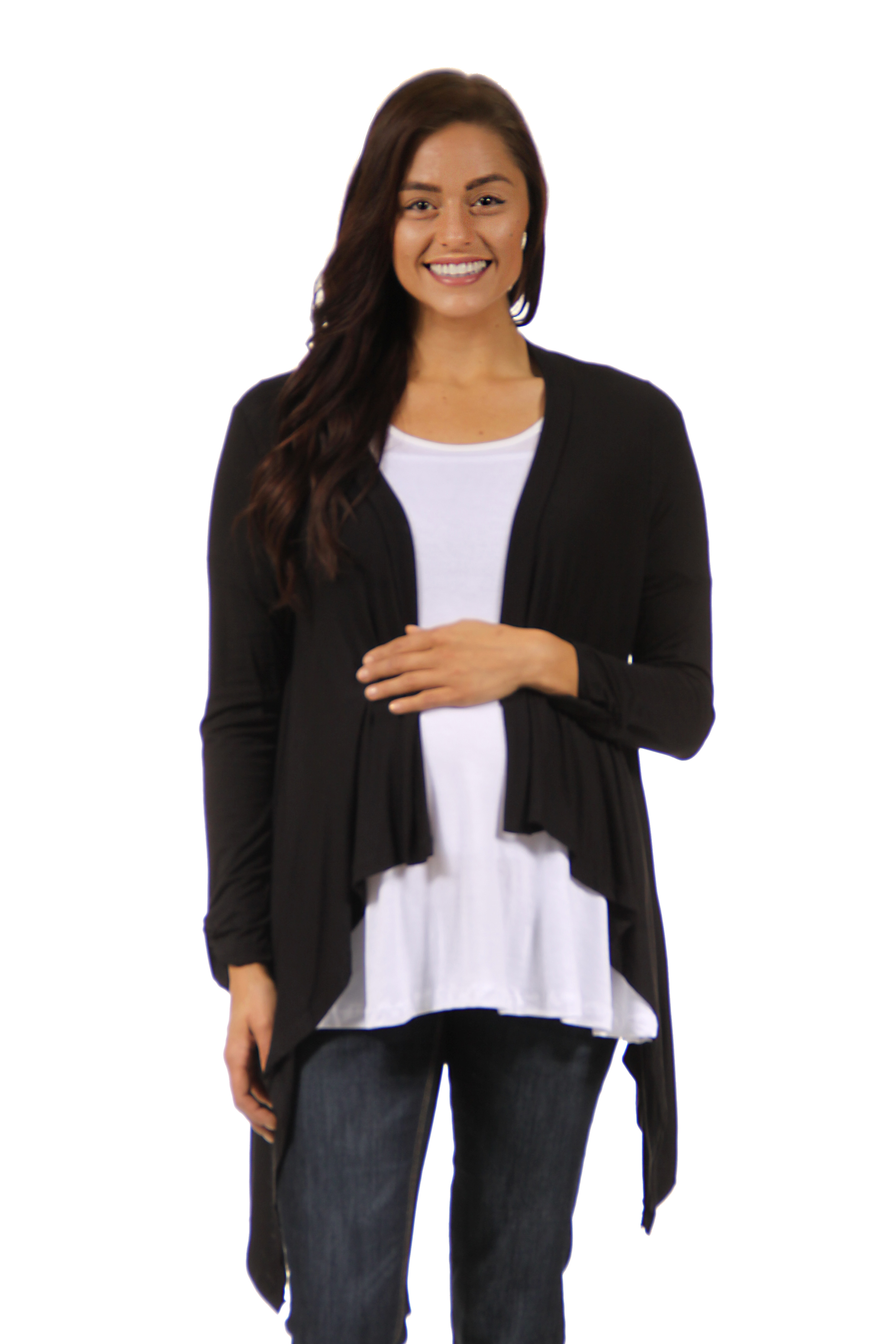 24seven Comfort Apparel Cascading Long Sleeve Open Front Maternity Cardigan 