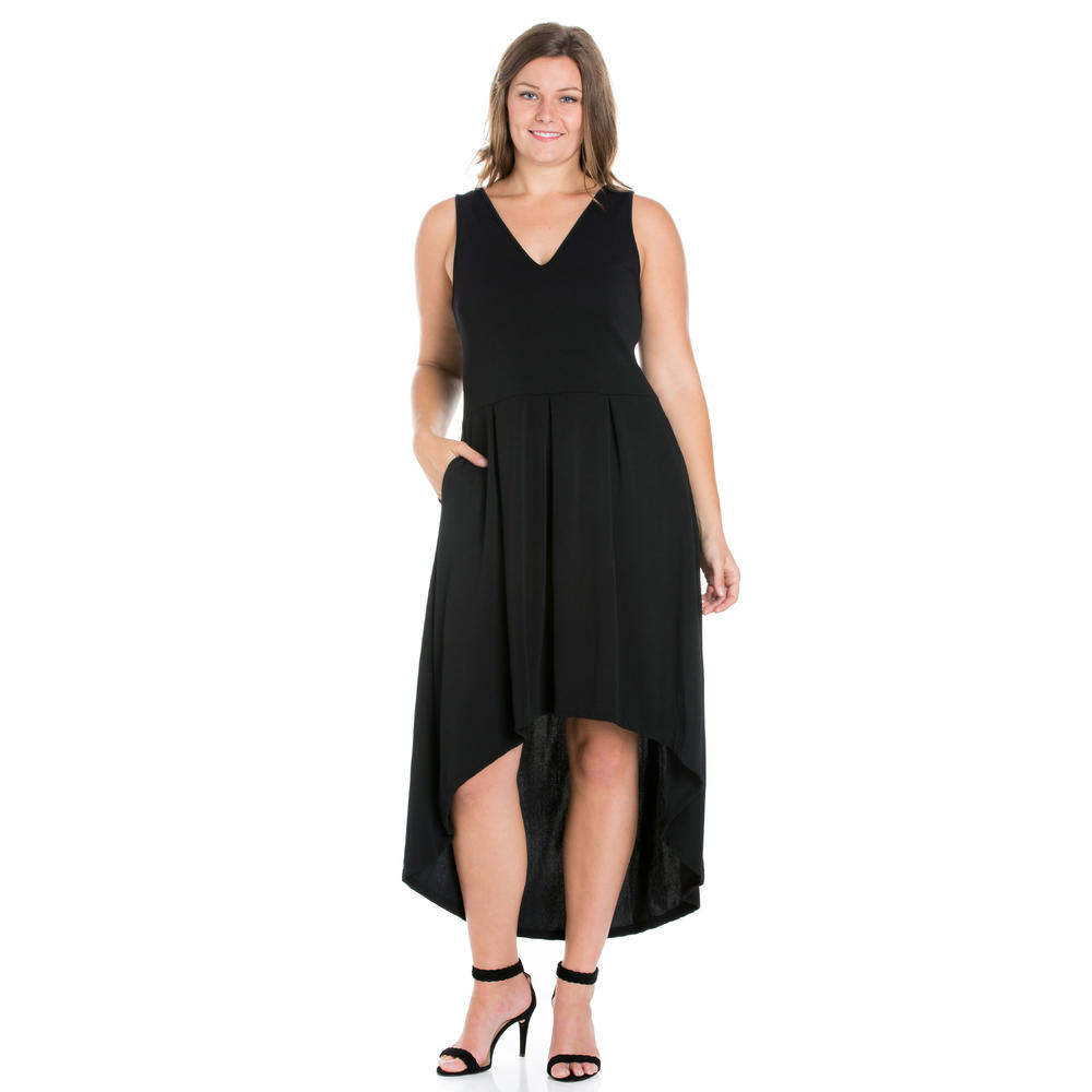 24seven Comfort Apparel Modern Classic High Low Plus Size Little Black Dress with Pocket