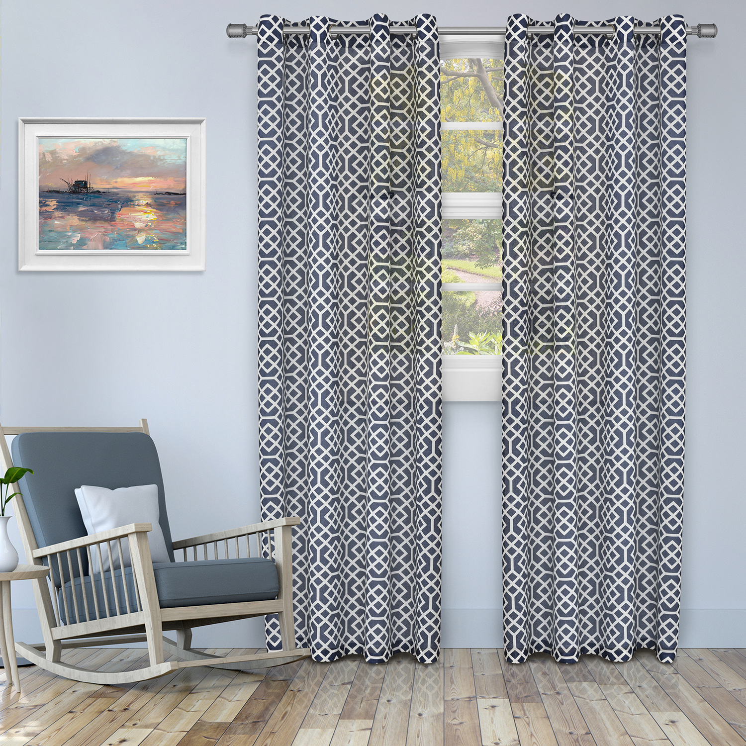 Blue Nile Mills Printed Geometric Trellis Honeycomb Grommet Top Header Sheer Curtain Panel Set