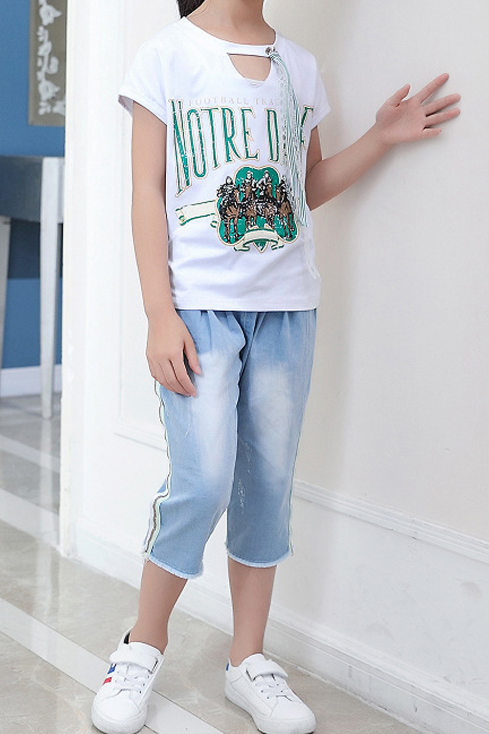 Unomatch Kids Girls Fashionable Printed Pattern Short Sleeve Summer Casual Outfit Set