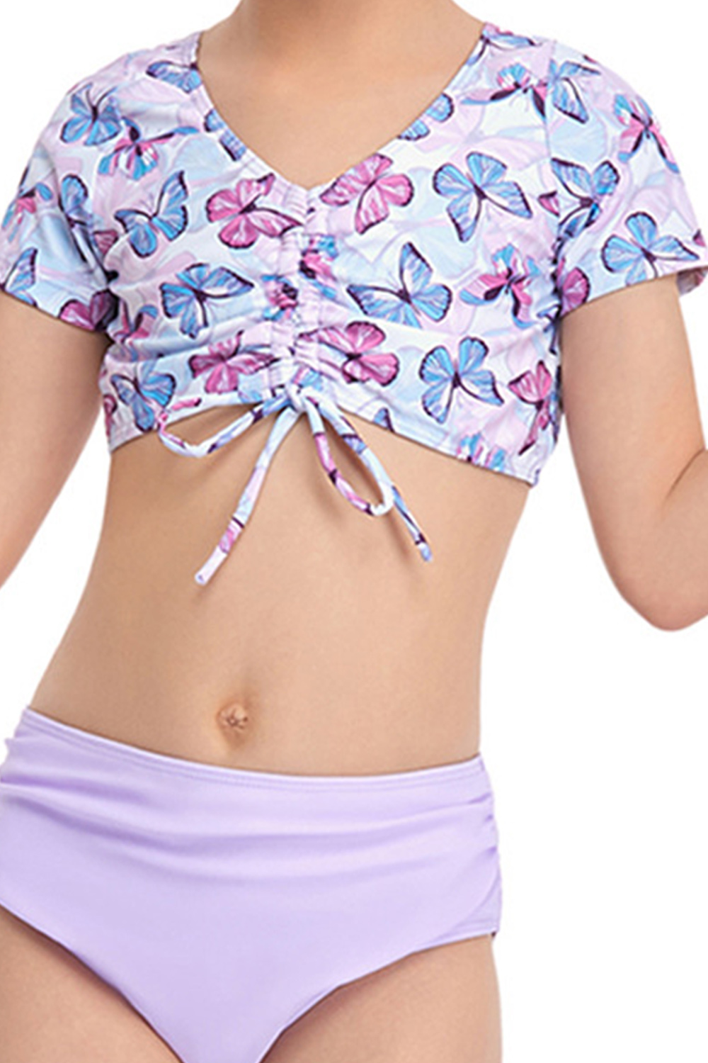 Unomatch Kids Girls V-Neck Printed Top Solid Bottom Swimsuit Set