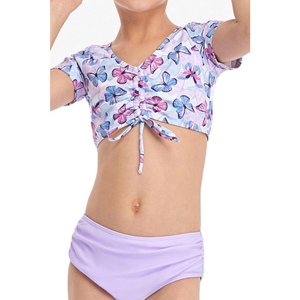 Unomatch Kids Girls V-Neck Printed Top Solid Bottom Swimsuit Set