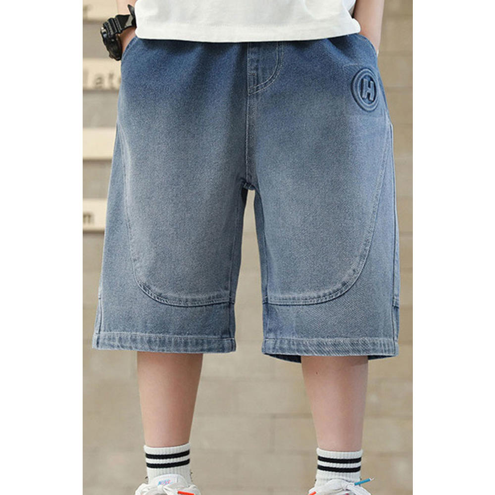 Unomatch Kids Boys New Fashionable Middle Waist Elastic Belt Solid Color,Letter Pattern Summer Thin Section Casual Cropped Pants Shorts