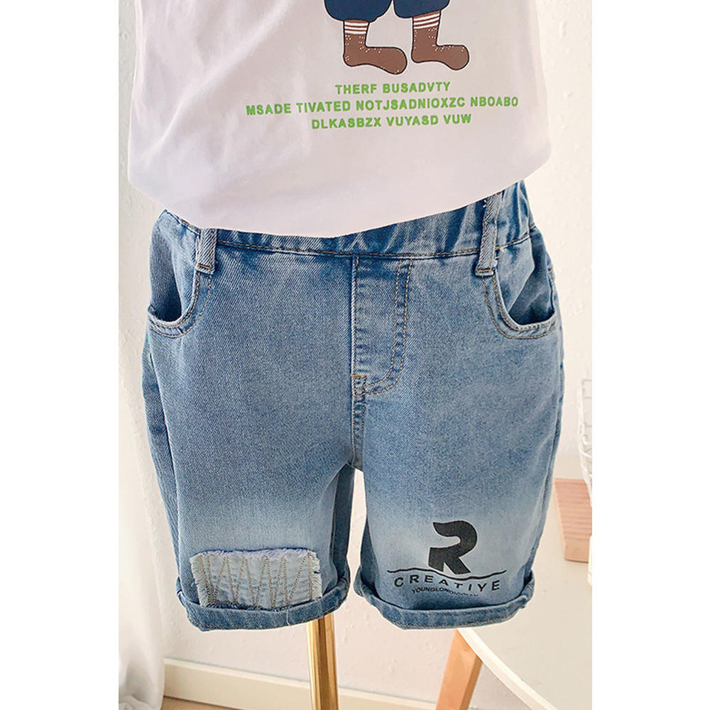 Unomatch Kids Boys New Fashion Middle Waist Elastic Belt Letter Pattern Summer Casual Thin Section Handsome Five-Point Jeans Pants Shorts