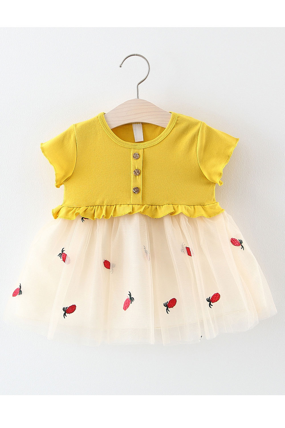 Unoamtch Baby & Toddler Girls New Stylish Round Neck T Shorts Sleeved Pineapple Embroidery Net Gauze Skirt Style Summer Princess Dress