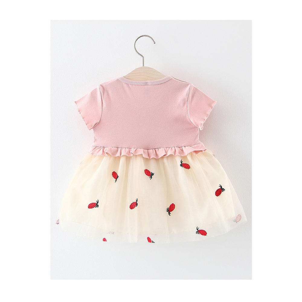 Unoamtch Baby & Toddler Girls New Stylish Round Neck T Shorts Sleeved Pineapple Embroidery Net Gauze Skirt Style Summer Princess Dress