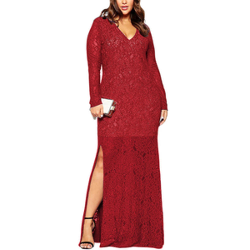 Unomatch WOMEN LONG GOWN V-NECK LACE LONG SLEEVES RED VINE