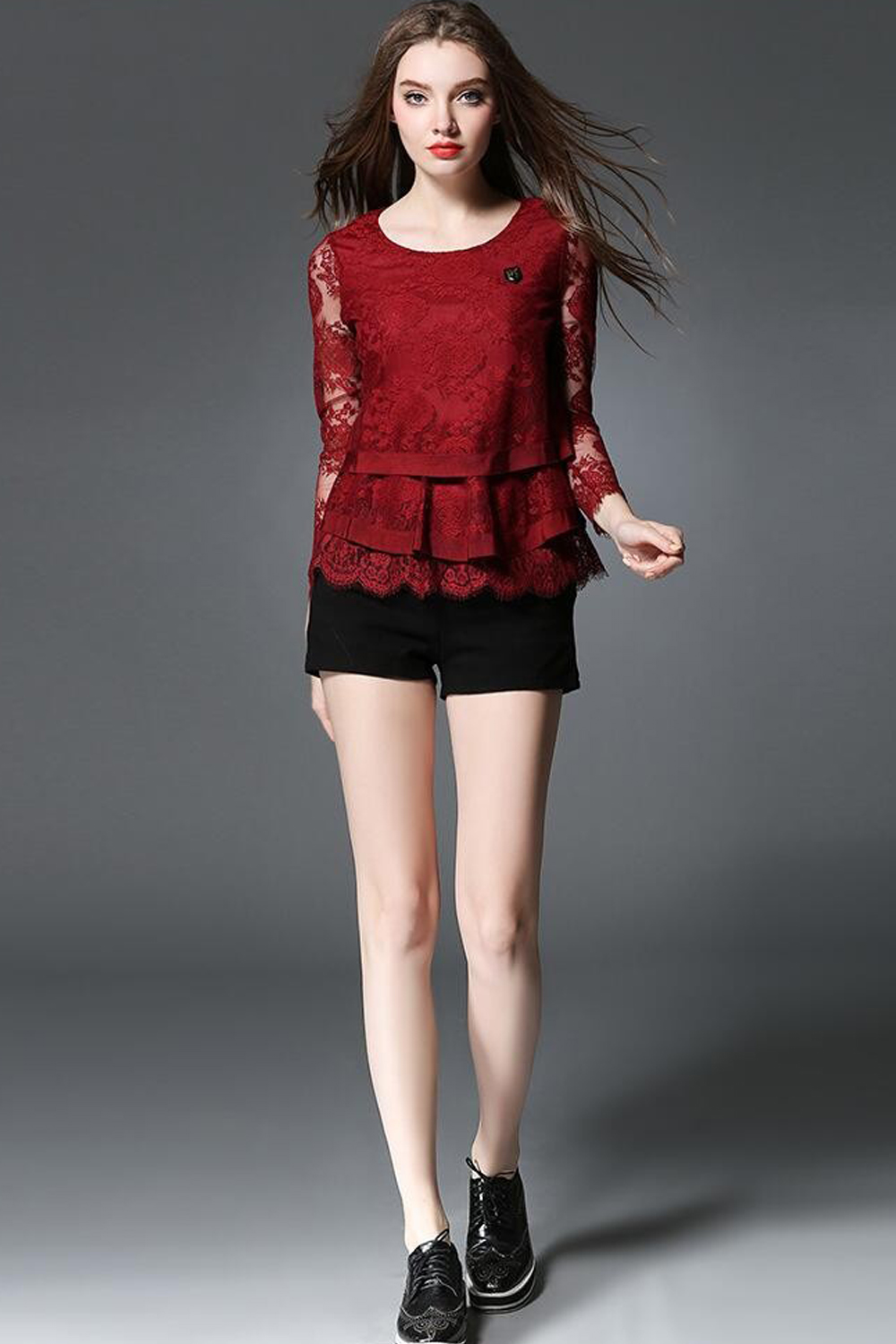 Unomatch Women Long Sheer Flower Sleeves Three Layered Lace Top Red Vine