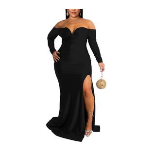 Unomatch Plus Size Women's V-Neck Slit Long Dress Solid Color Bodycon Nightclub Maxi Dress for Autumn & Winter Unomatch Plus Size Women's V-Neck Slit Long Dress Solid Color Bodycon Nightclub Maxi Dress for Autumn & Winter
