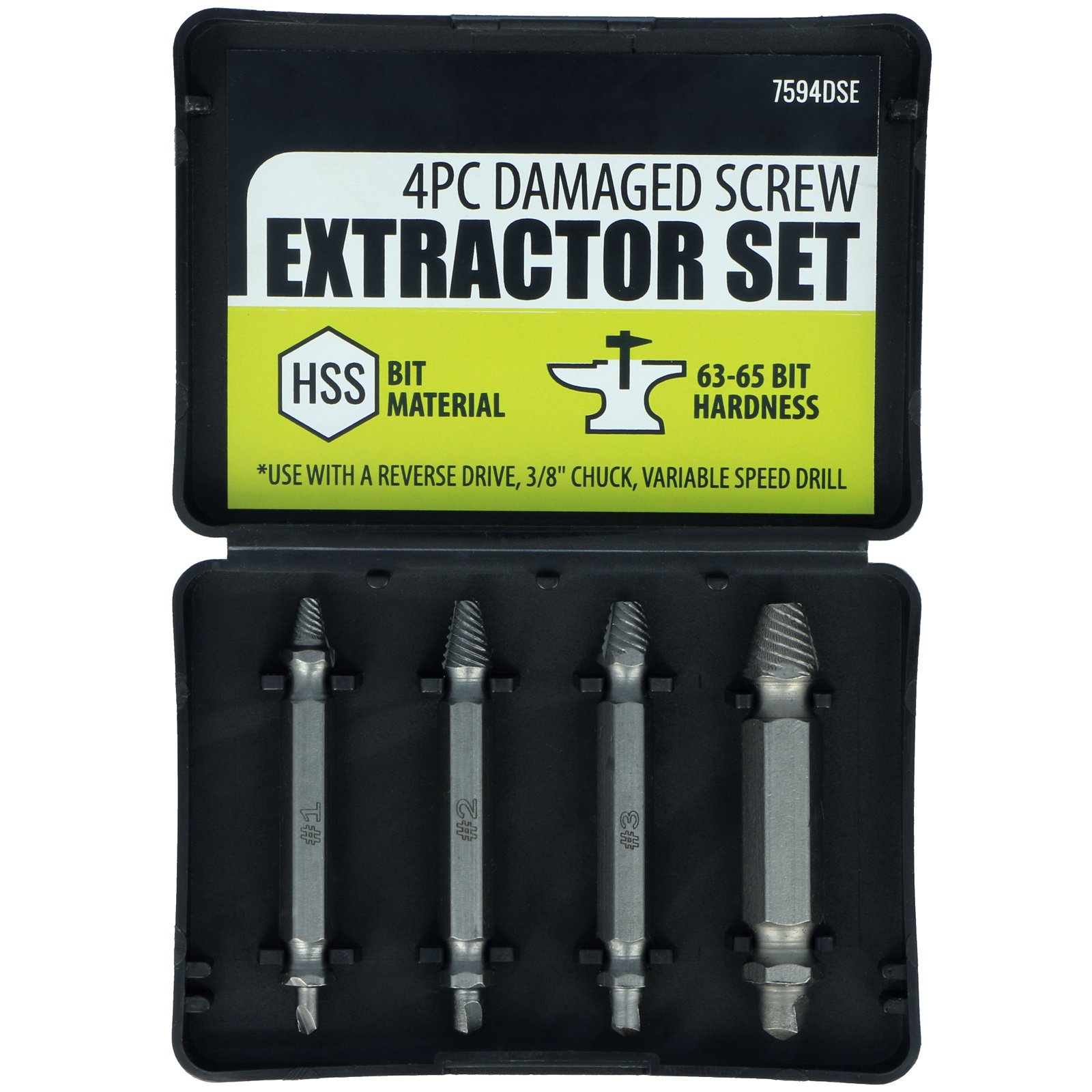 Universal Tool Damaged Screw Extractor Set - 4 Pieces Assorted Sizes