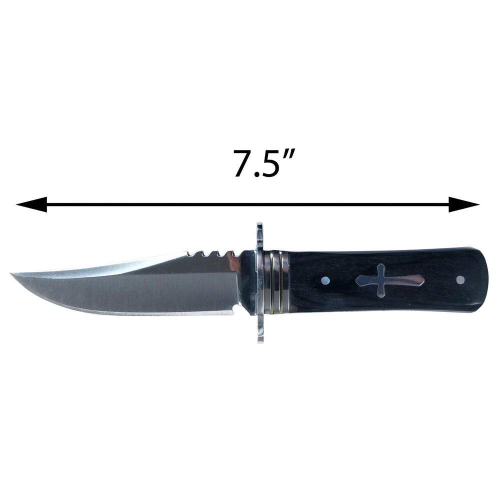 ASR Outdoor Fixed Blade Steel Hunting Knife Black Wood Grain Handle Cross Design