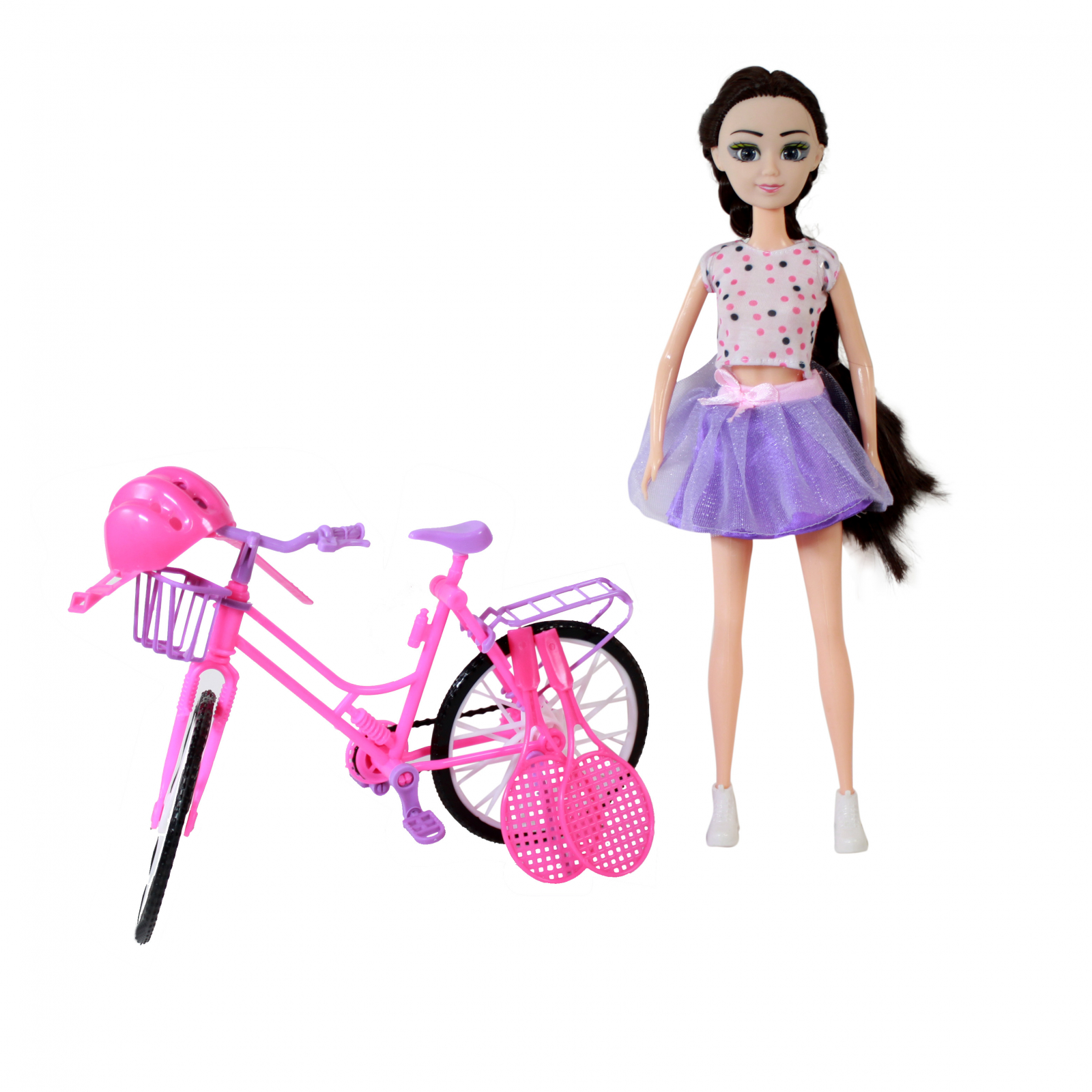 TychoTyke Blonde Fashion Doll Playset With Blue Pink Bike And Sports Equipment Tennis Rackets - Purple
