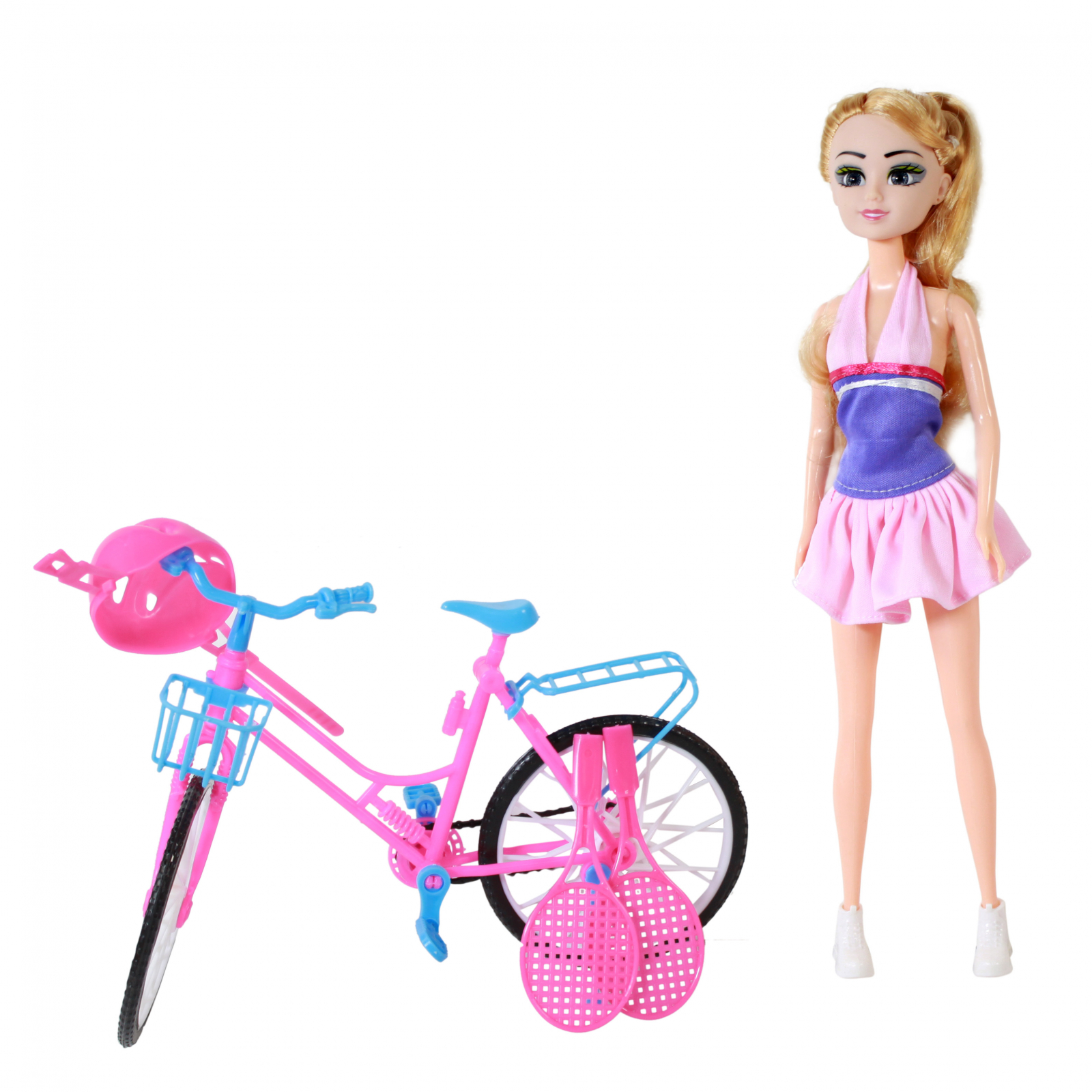 TychoTyke Blonde Fashion Doll Playset With Blue Pink Bike And Sports Equipment Tennis Rackets - Blue