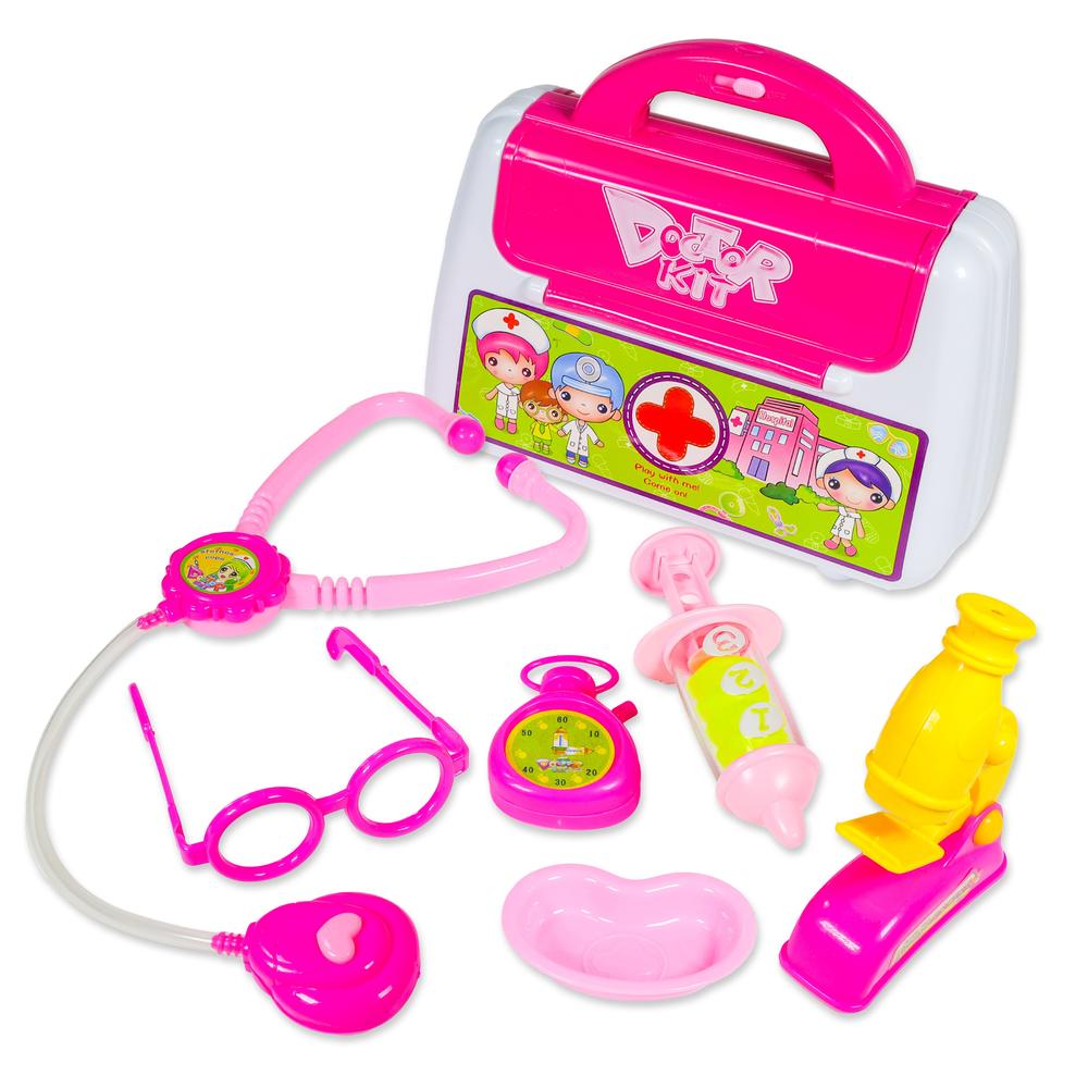 Kidplokio 7pc Pretend Play Doctor Kit for Kids with Stethoscope, Storage Bin, Girls Ages 3-8, Pink