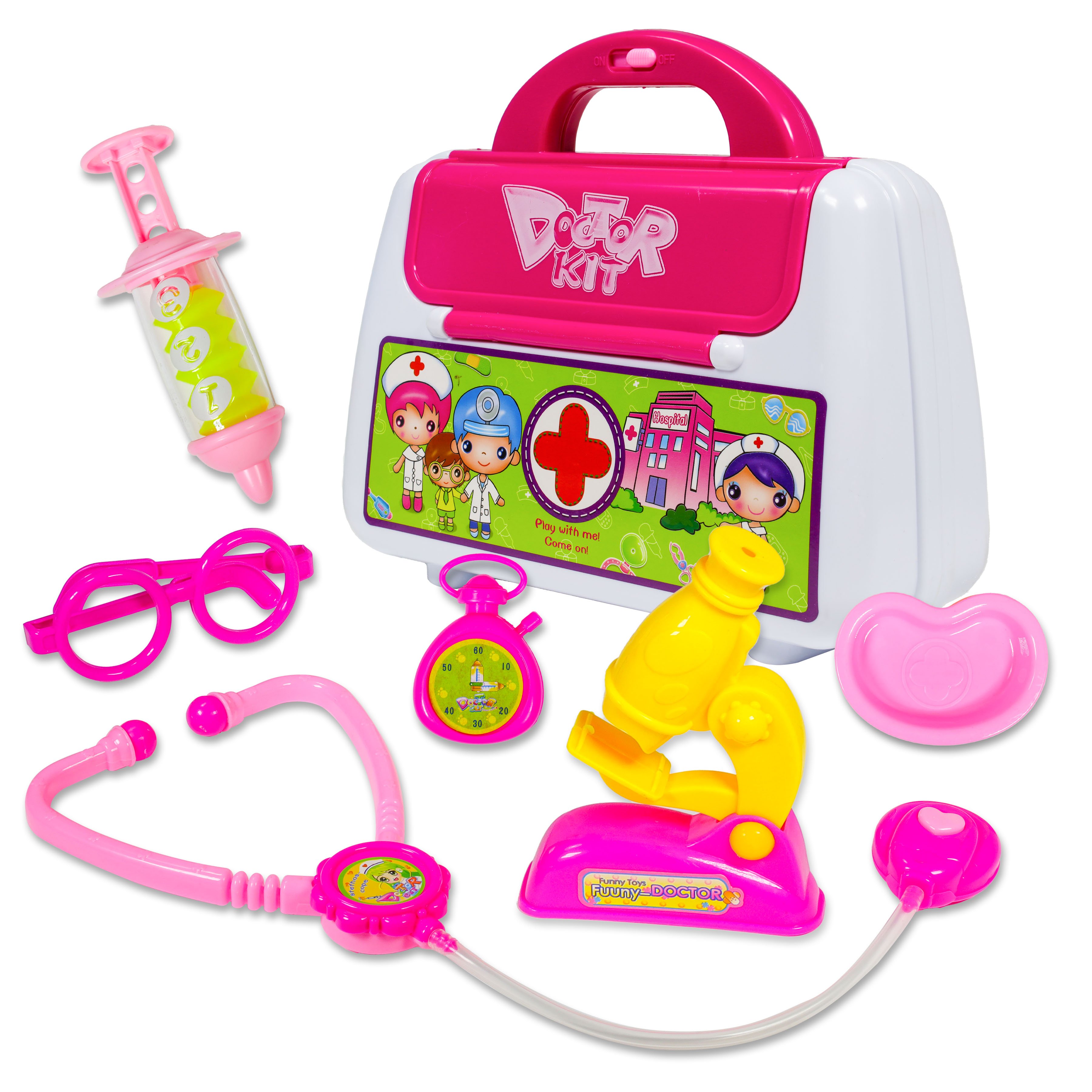 Kidplokio 7pc Pretend Play Doctor Kit for Kids with Stethoscope, Storage Bin, Girls Ages 3-8, Pink