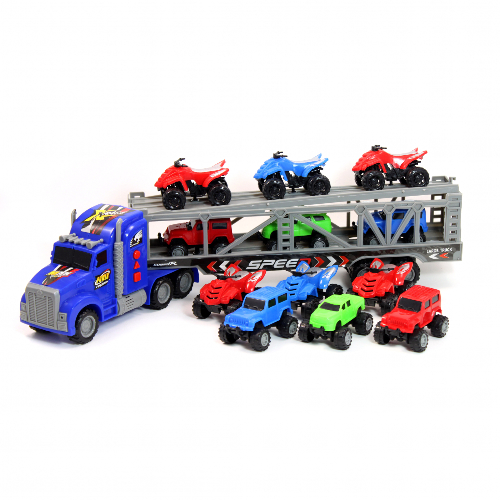 Kidplokio Blue Toy Truck ATV Semi Truck Transporter Carrier Friction Pull Back Cars, Boys Ages 3 and Up