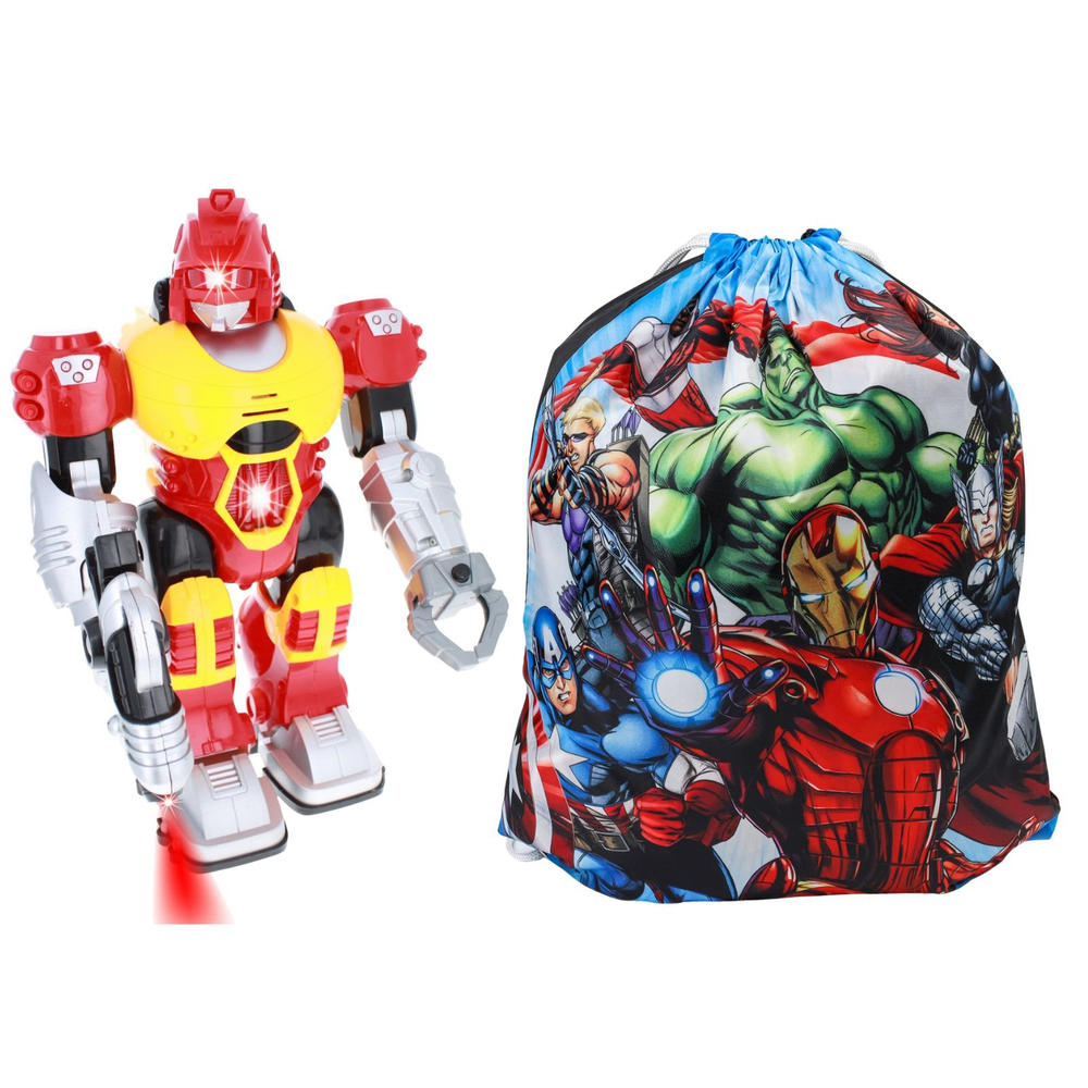 Kidplokio Red Robot Toy with Superhero Cinch Bag Backpack Bundle Boys 3 and Up