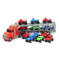 Kidplokio Red Toy Truck ATV Semi Truck Transporter Carrier Friction Pull Back Cars, Boys Ages 3 and Up