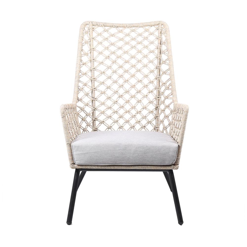 Armen Living Marco Polo Indoor Outdoor Steel Lounge Chair with Natural Springs Rope and Grey Cushion