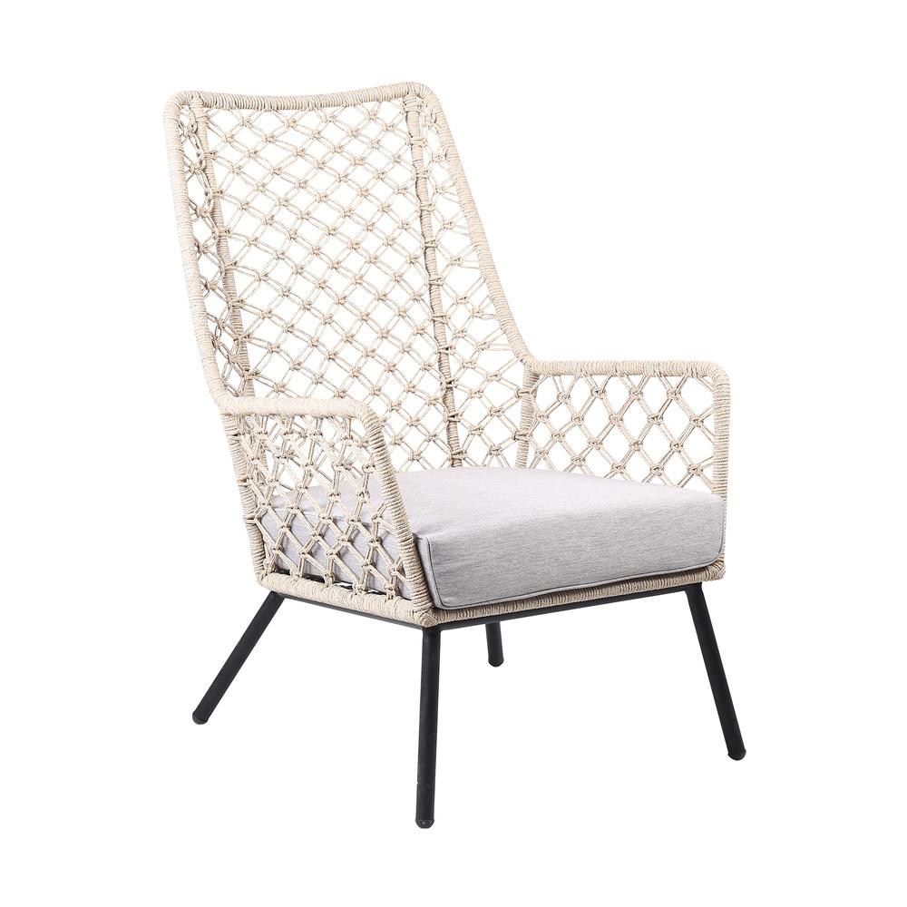 Armen Living Marco Polo Indoor Outdoor Steel Lounge Chair with Natural Springs Rope and Grey Cushion