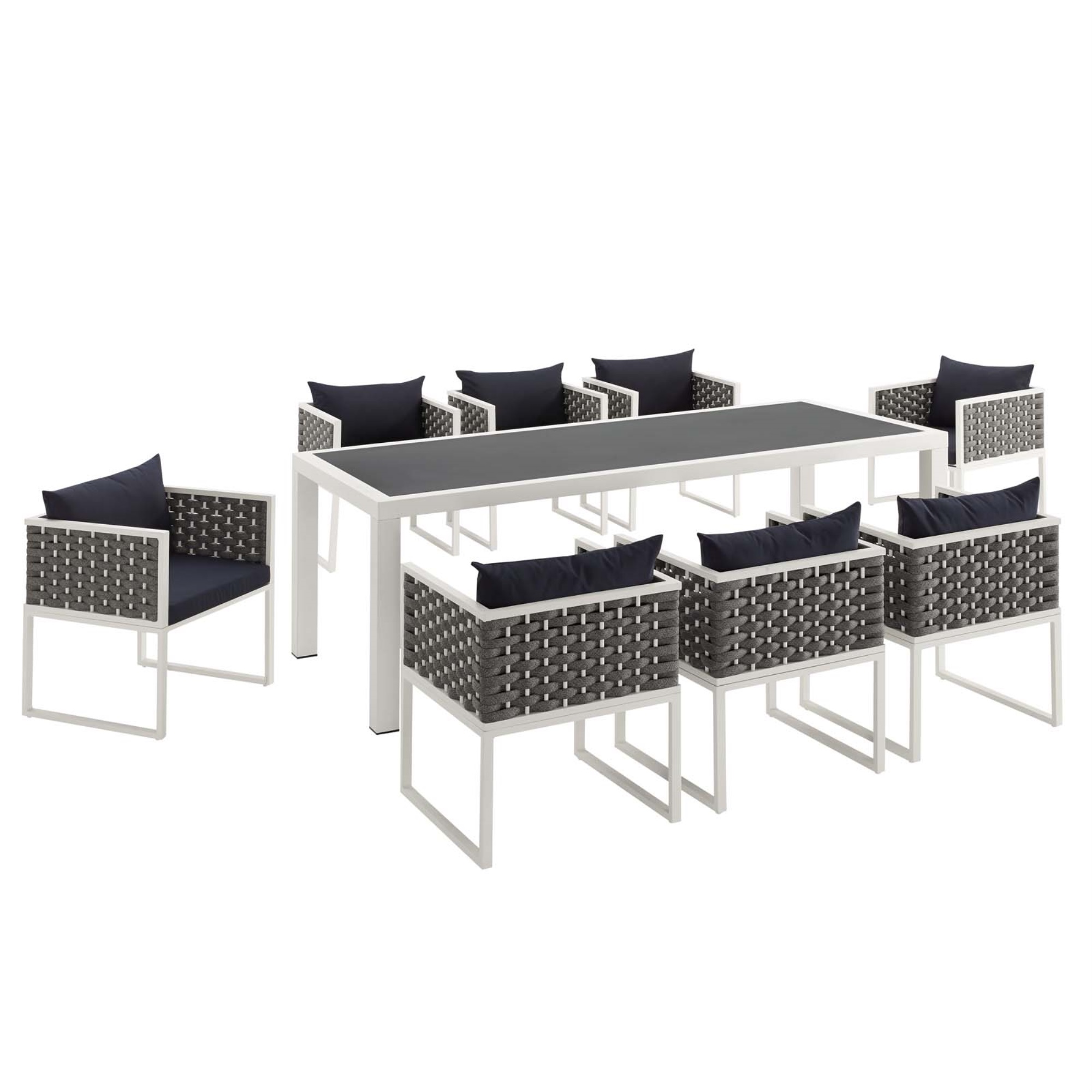 Modway Eei 3186 Whi Nav Set Stance 9 Piece Outdoor Patio Aluminum Dining White Navy Outdoor Patio Aluminum Dining Set, Rossville Outdoor 9 Piece Dining Set