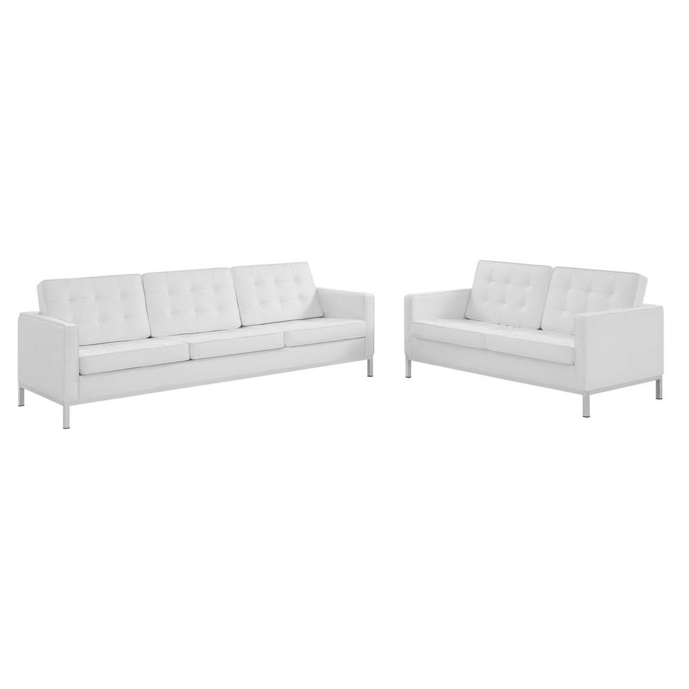 Ergode Loft Tufted Upholstered Faux Leather Sofa and Loveseat Set - Silver White