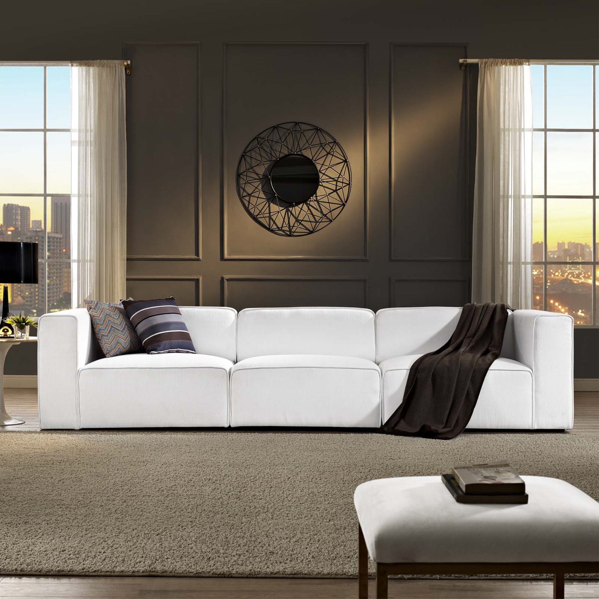 Ergode Mingle 3 Piece Upholstered Fabric Sectional Sofa Set - White
