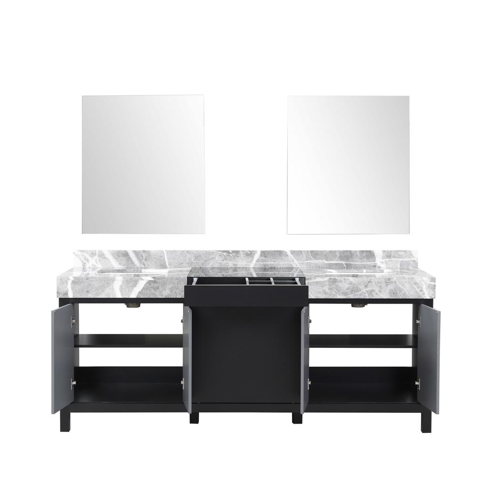 Lexora Zilara 80" Black and Grey Double Vanity, Castle Grey Marble Tops, White Square Sinks, and 30" Frameless Mirrors