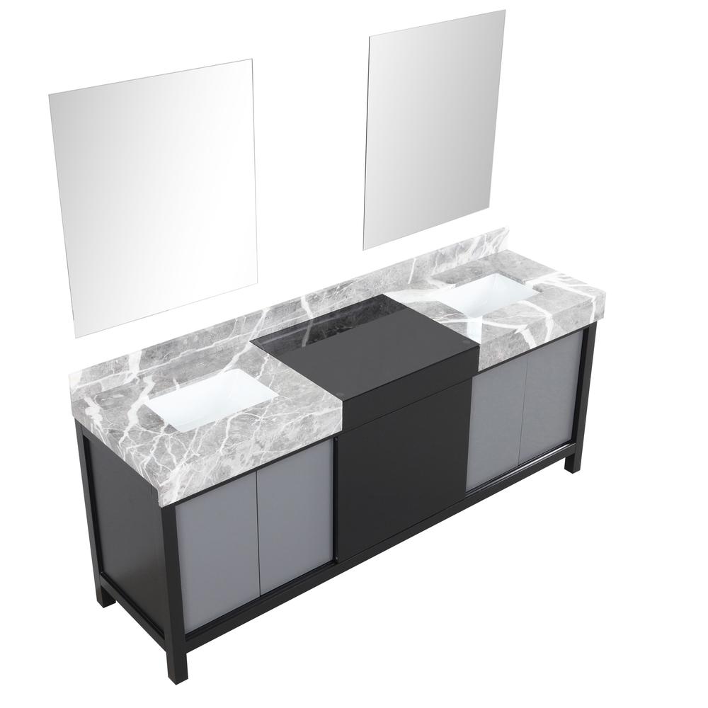 Lexora Zilara 80" Black and Grey Double Vanity, Castle Grey Marble Tops, White Square Sinks, and 30" Frameless Mirrors