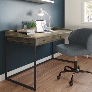 Ralston Solid Acacia Wood Desk, Distressed Grey Office Desk