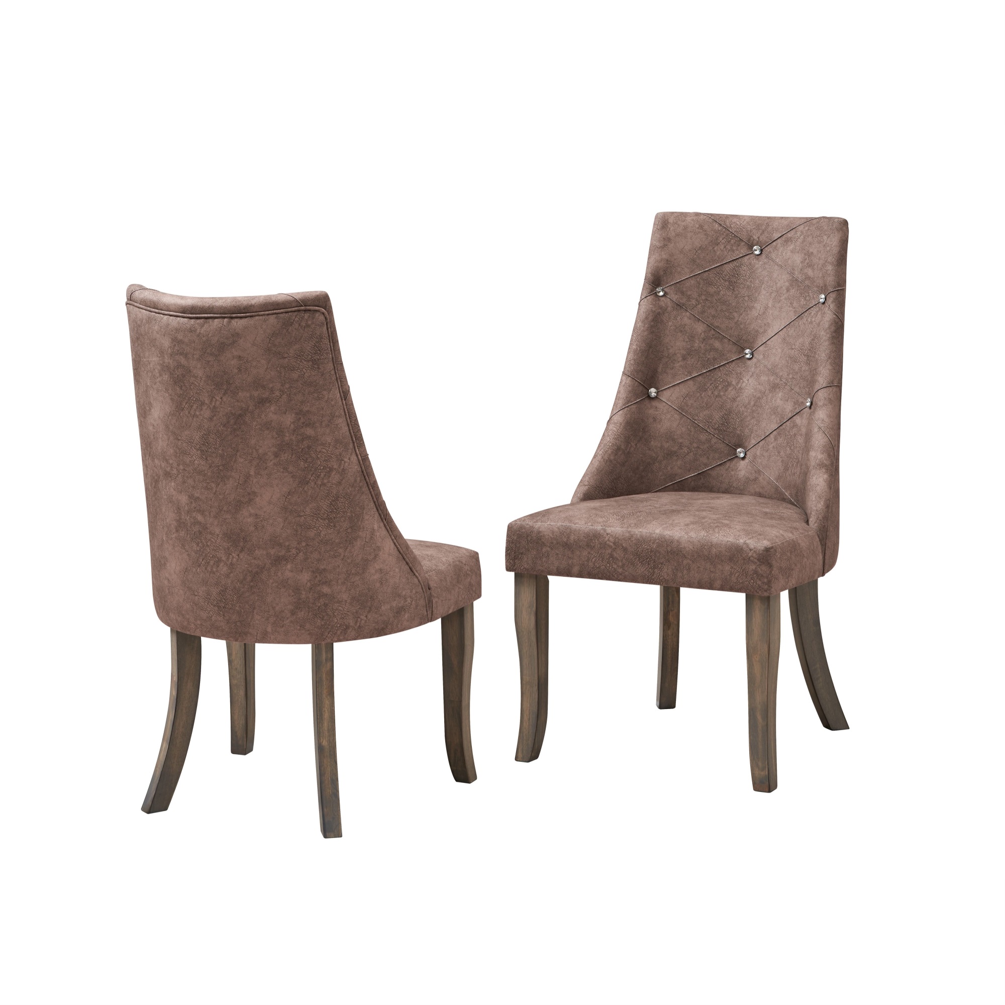 Pilaster Designs Benoit Crystal Tufted Upholstered Dining Side Chairs, Dark Brown Fabric & Gray Wood (Set of 2)