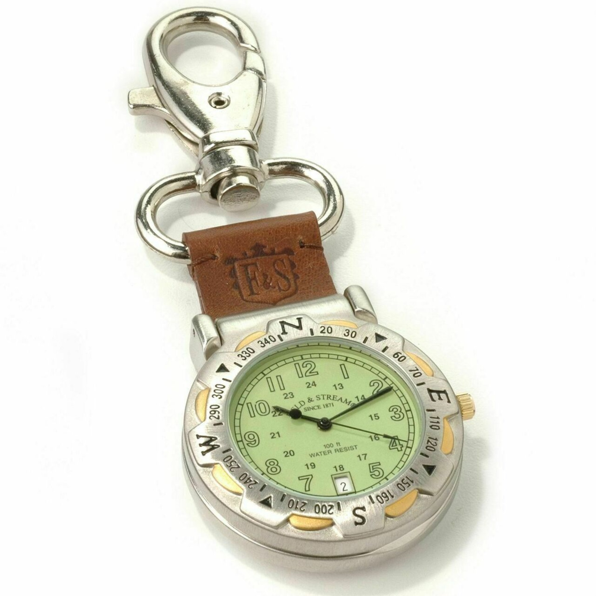 Field & Stream Camp Master Green Dial Multi-Function Compass Leather Pocket  Watch