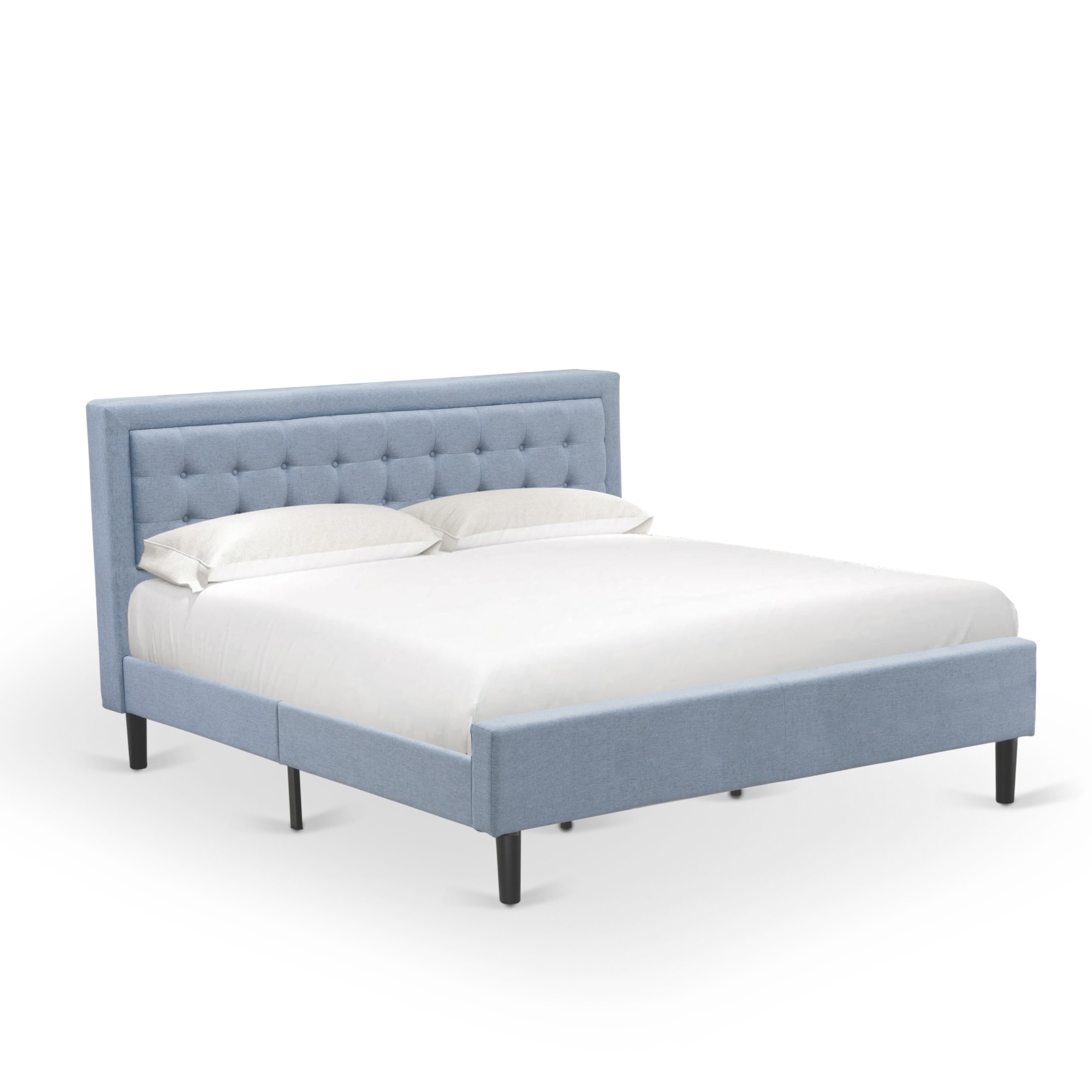 East West Furniture FNF-11-K Platform King Bed Frame - Denim Blue Linen Fabric Upholestered Bed Headboard with Button Tufted T