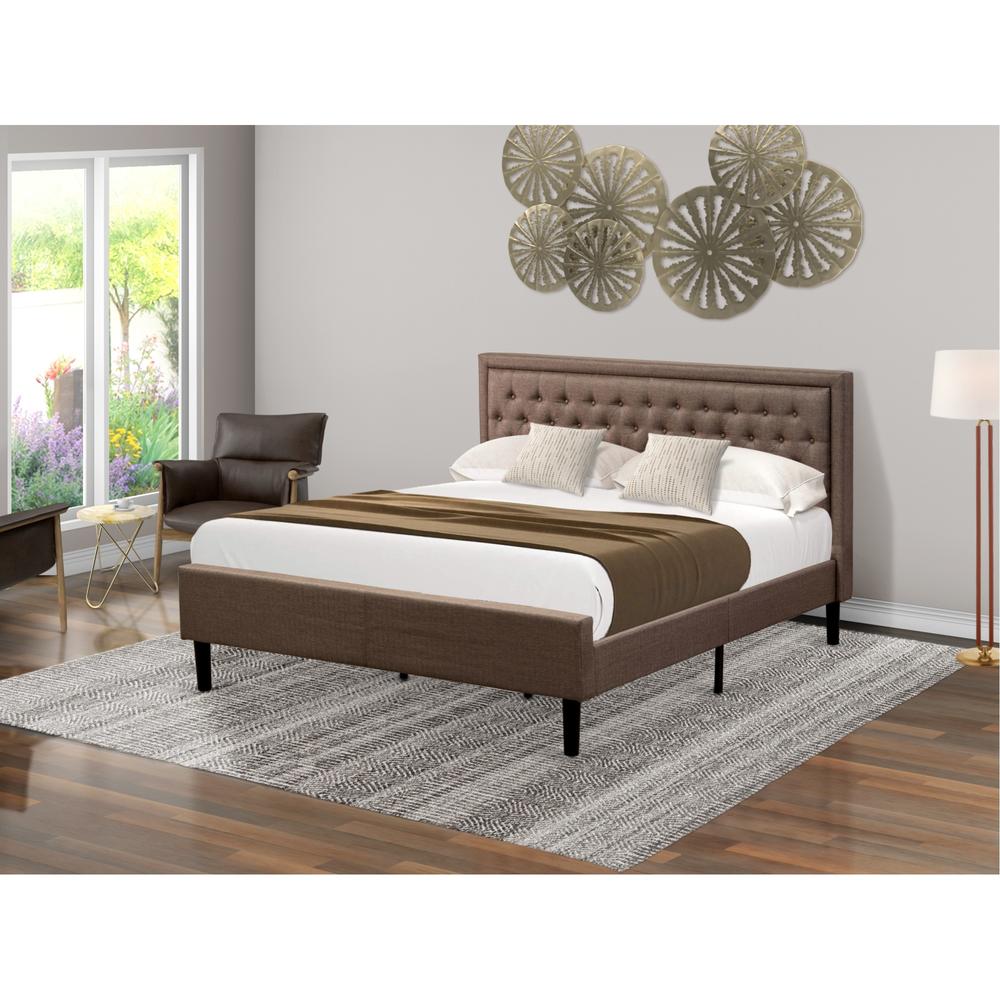 East West Furniture KDF-18-K Platform King Bed Frame Wood - Brown Linen Fabric Upholestered Bed Headboard with Button Tufted T