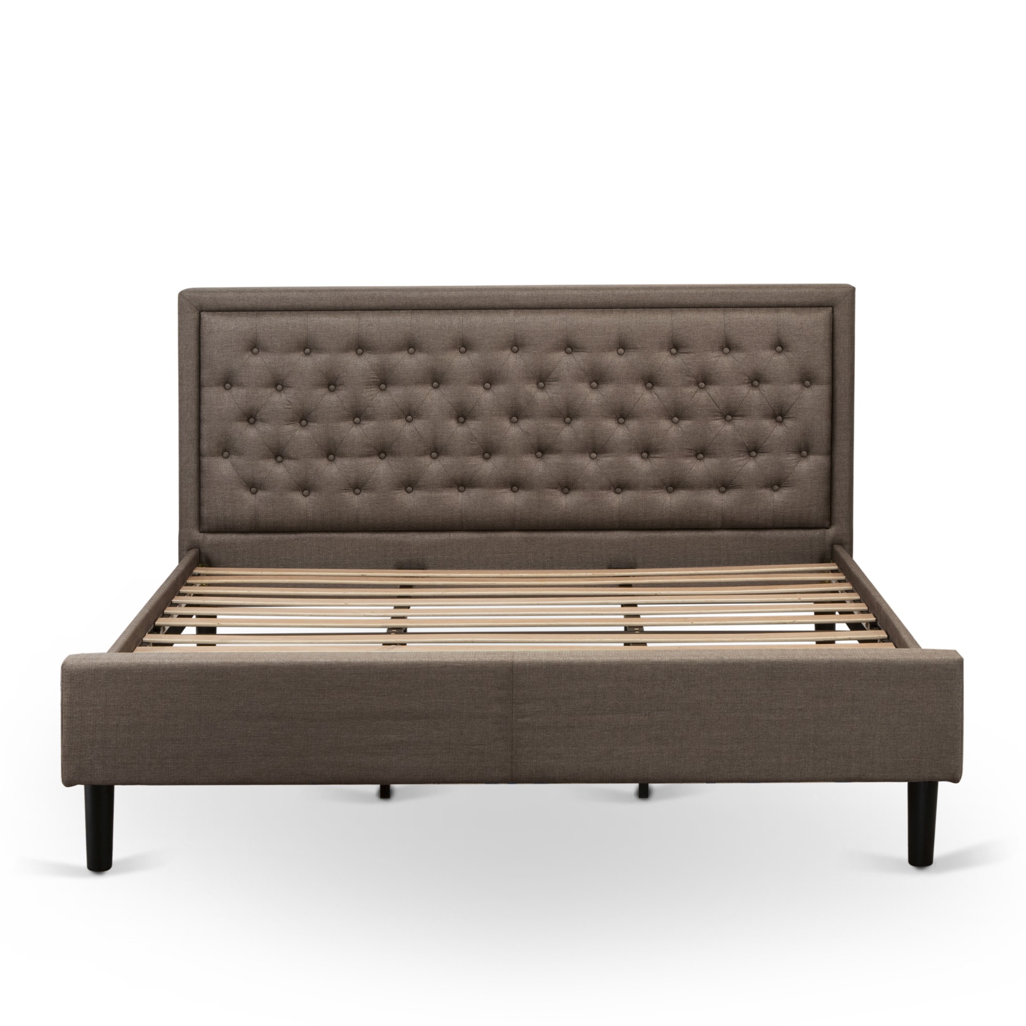 East West Furniture KDF-18-K Platform King Bed Frame Wood - Brown Linen Fabric Upholestered Bed Headboard with Button Tufted T