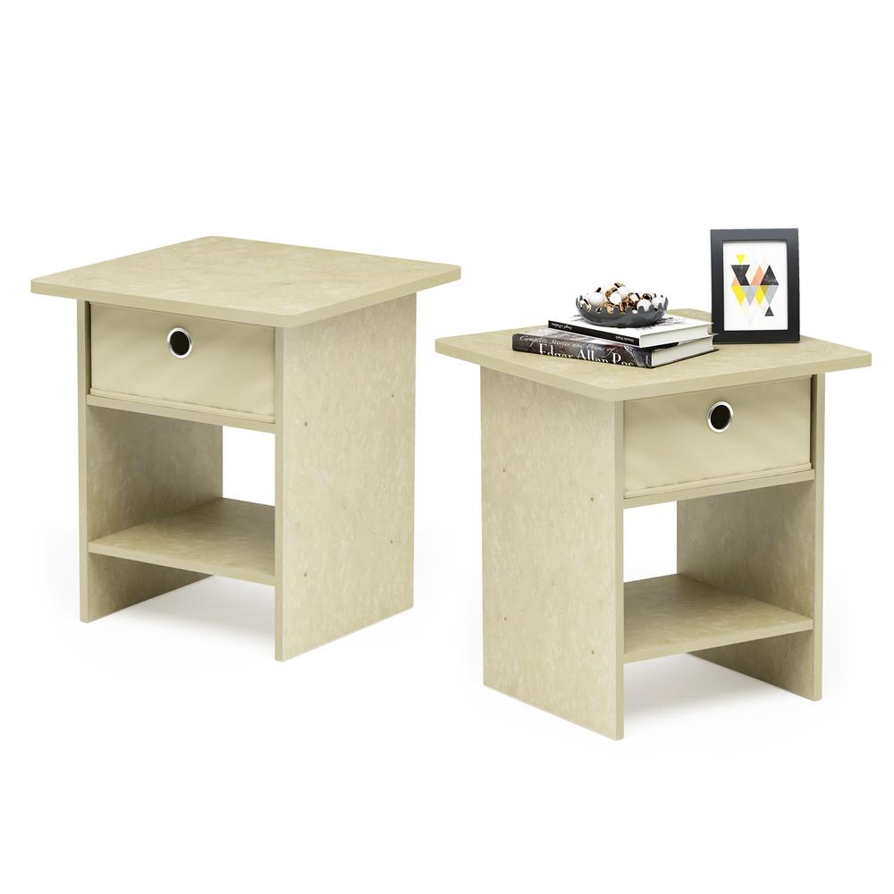 Furinno Dario End Table/ Night Stand Storage Shelf with Bin Drawer, Cream Faux Marble/Ivory, Set of 2