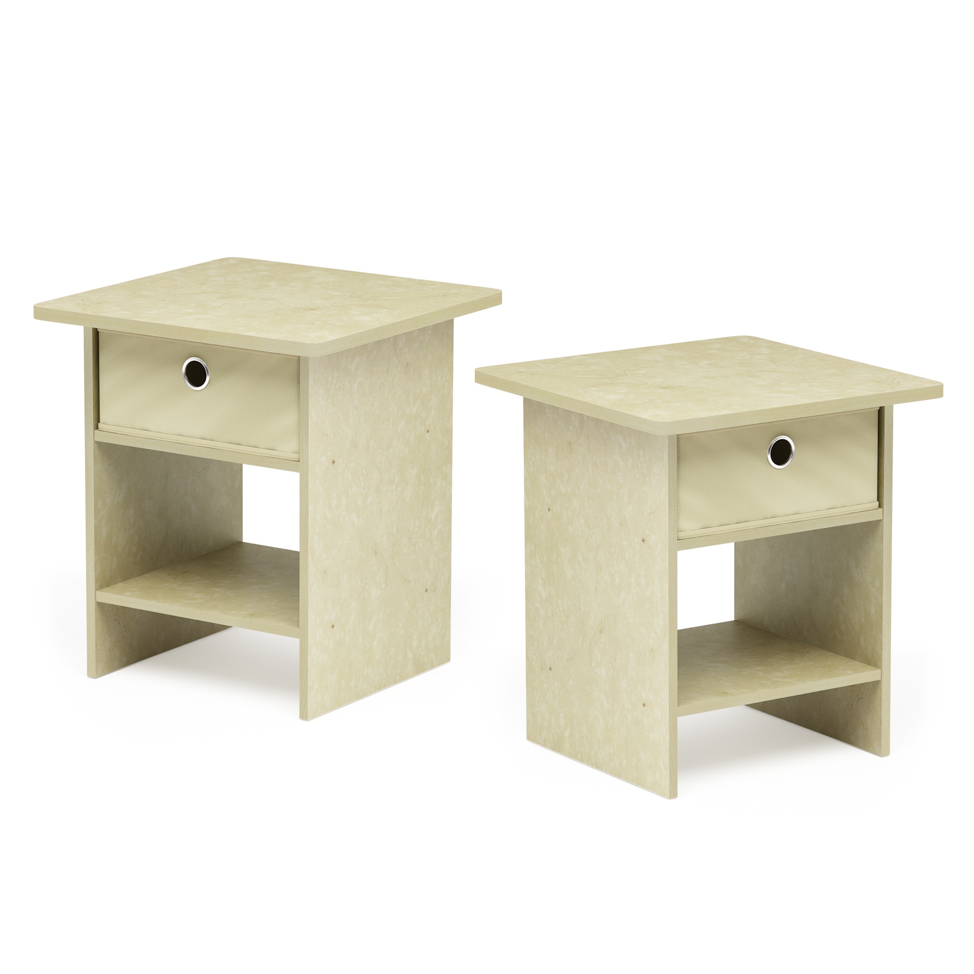 Furinno Dario End Table/ Night Stand Storage Shelf with Bin Drawer, Cream Faux Marble/Ivory, Set of 2