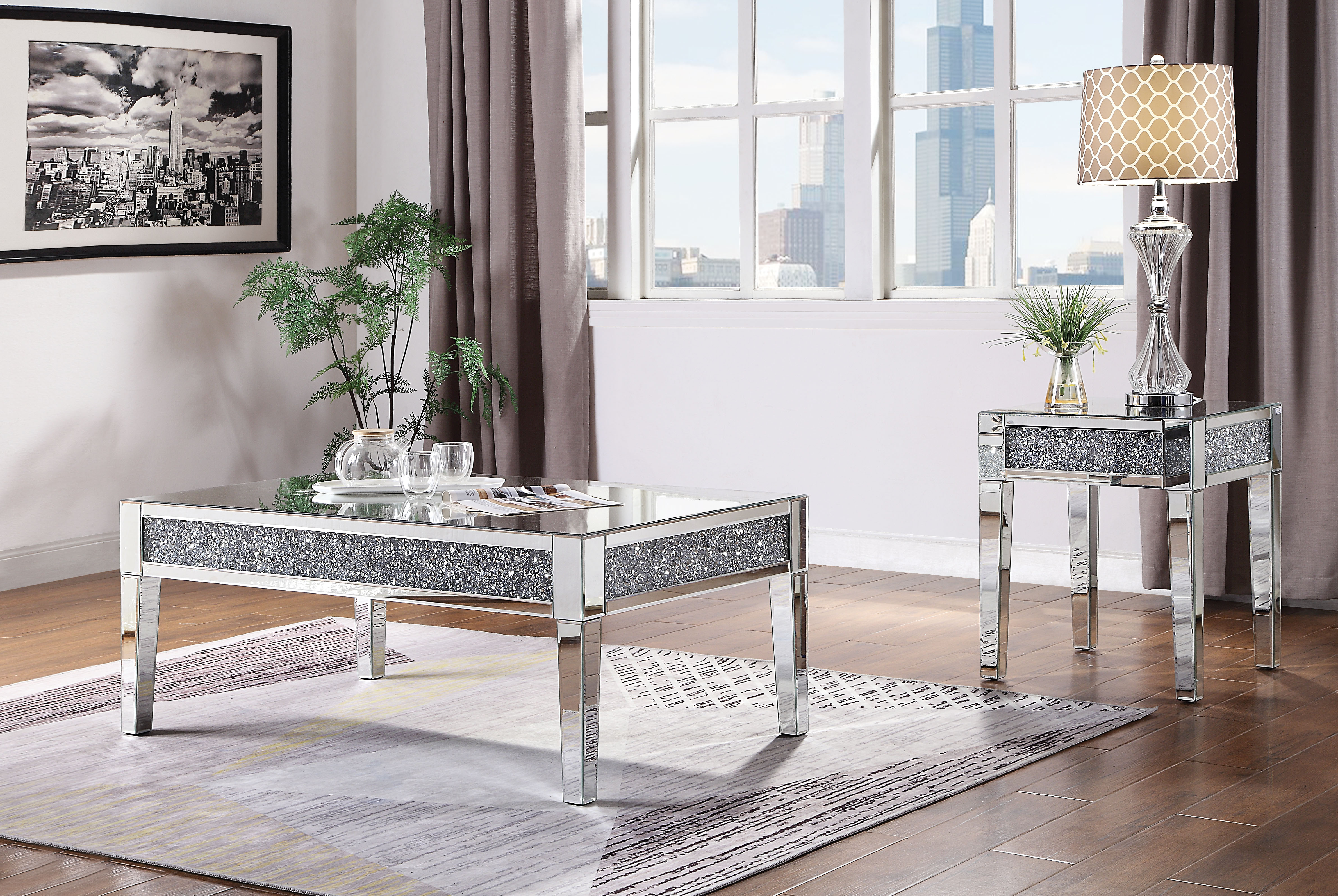 Benzara Inc Wood And Mirror Coffee Table With Faux Crystals Inlay Clear Wood And Mirror Coffee Table, Wood Mirror Coffee Table